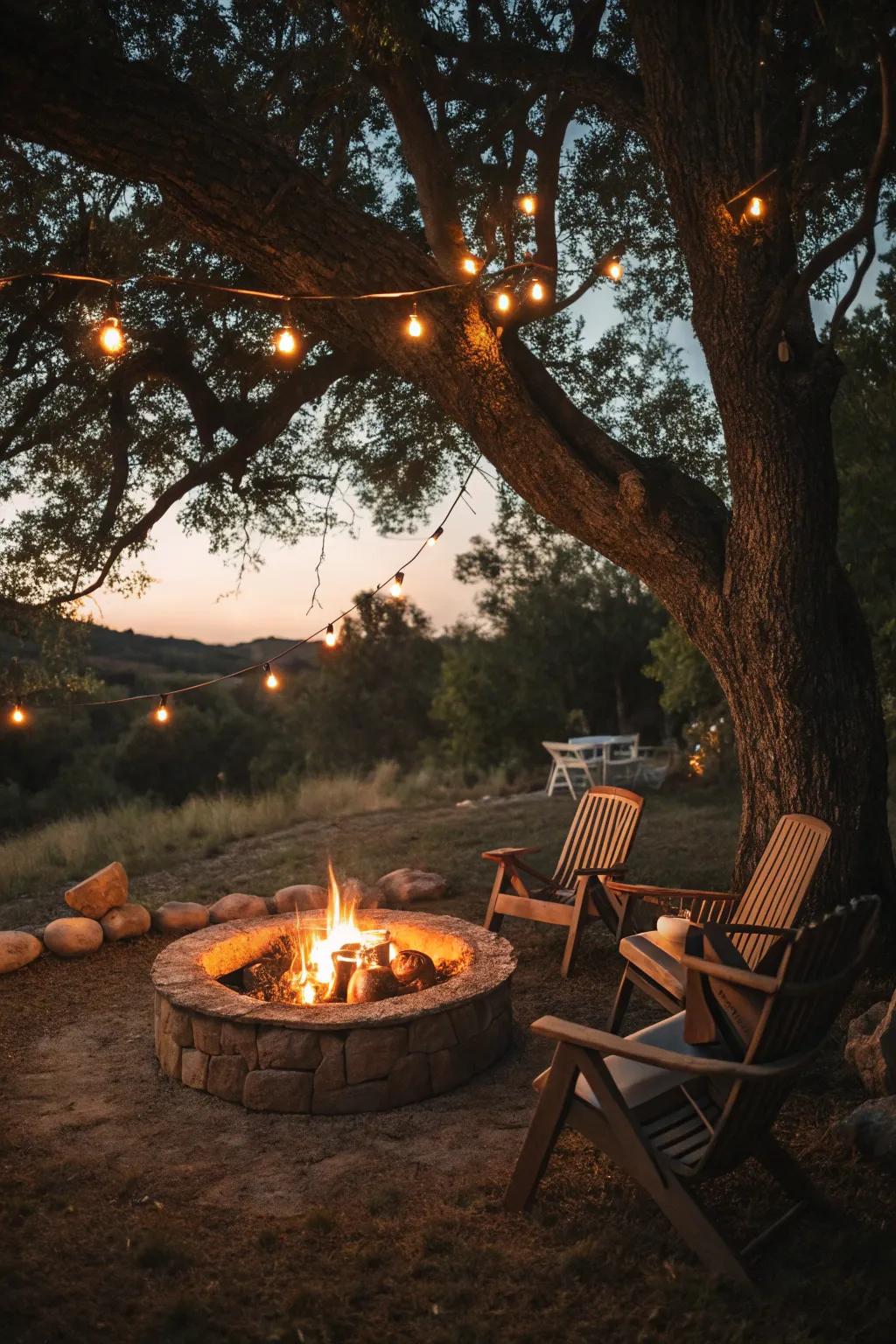 A blaze pit crafts a cozy and inviting centerpiece beneath the tree.