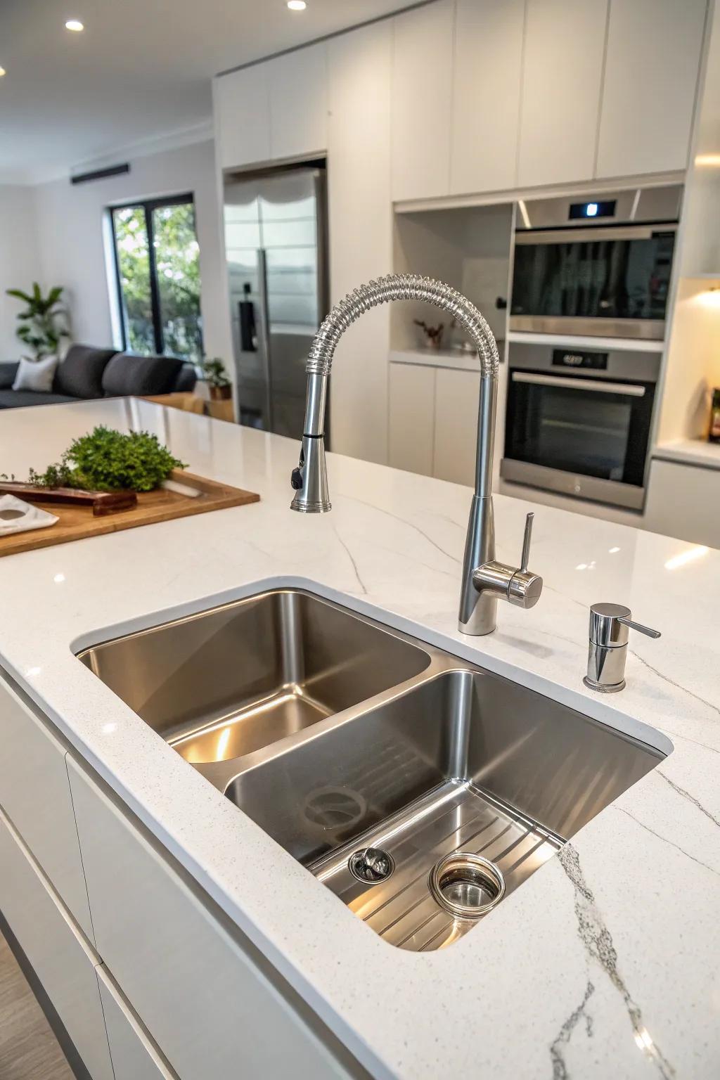 A double basin undermount sink bringing versatility to a modern kitchen.