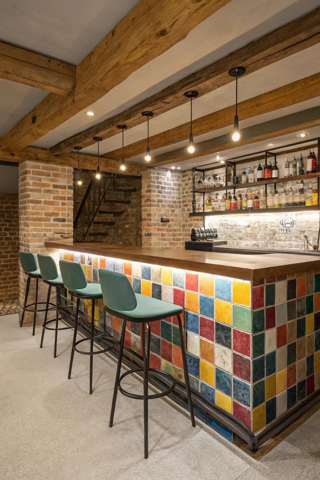 A statement backsplash brings a hint of personality to the bar.