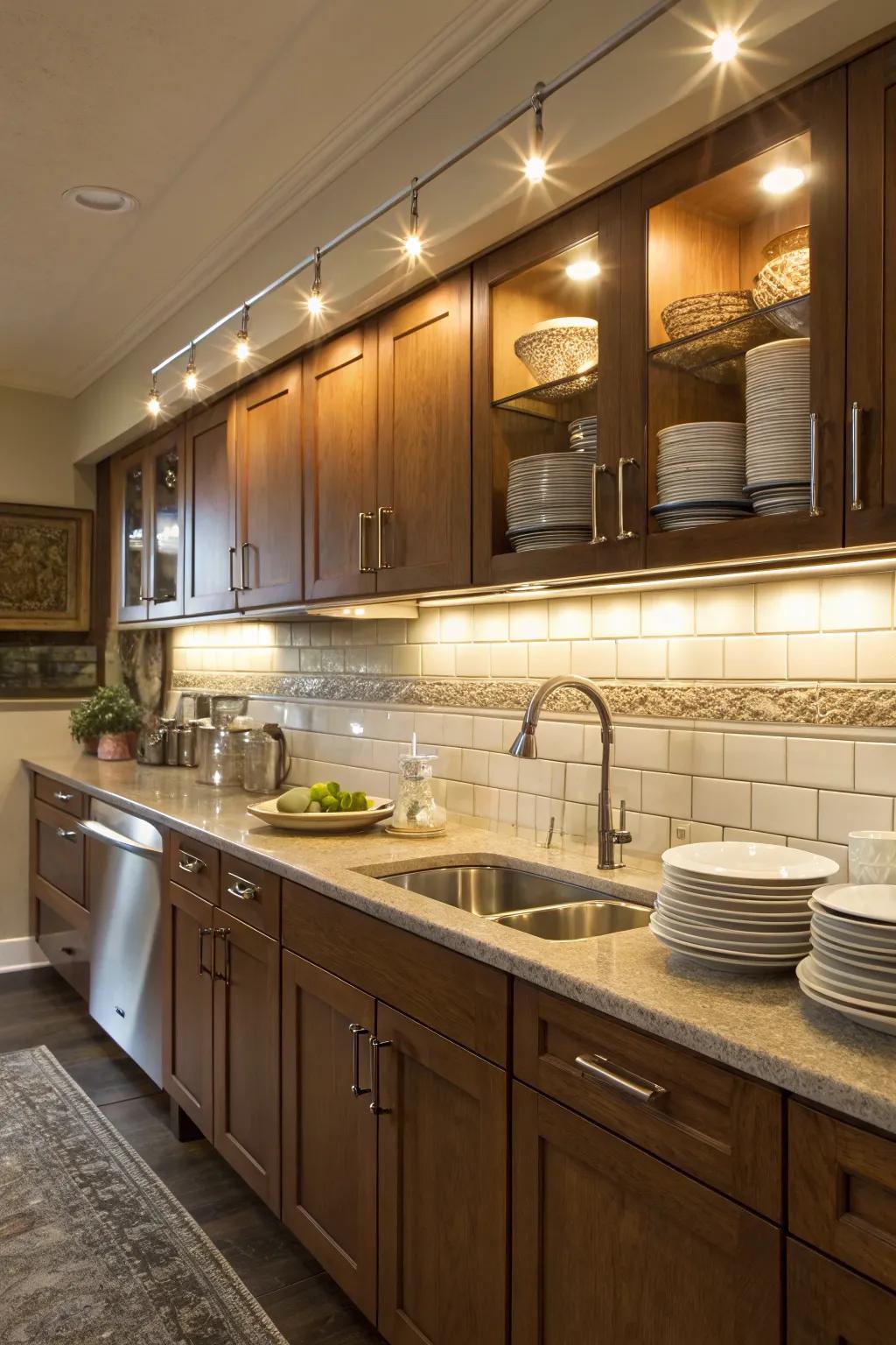 Rail lighting delivers effective illumination for kitchen tasks.