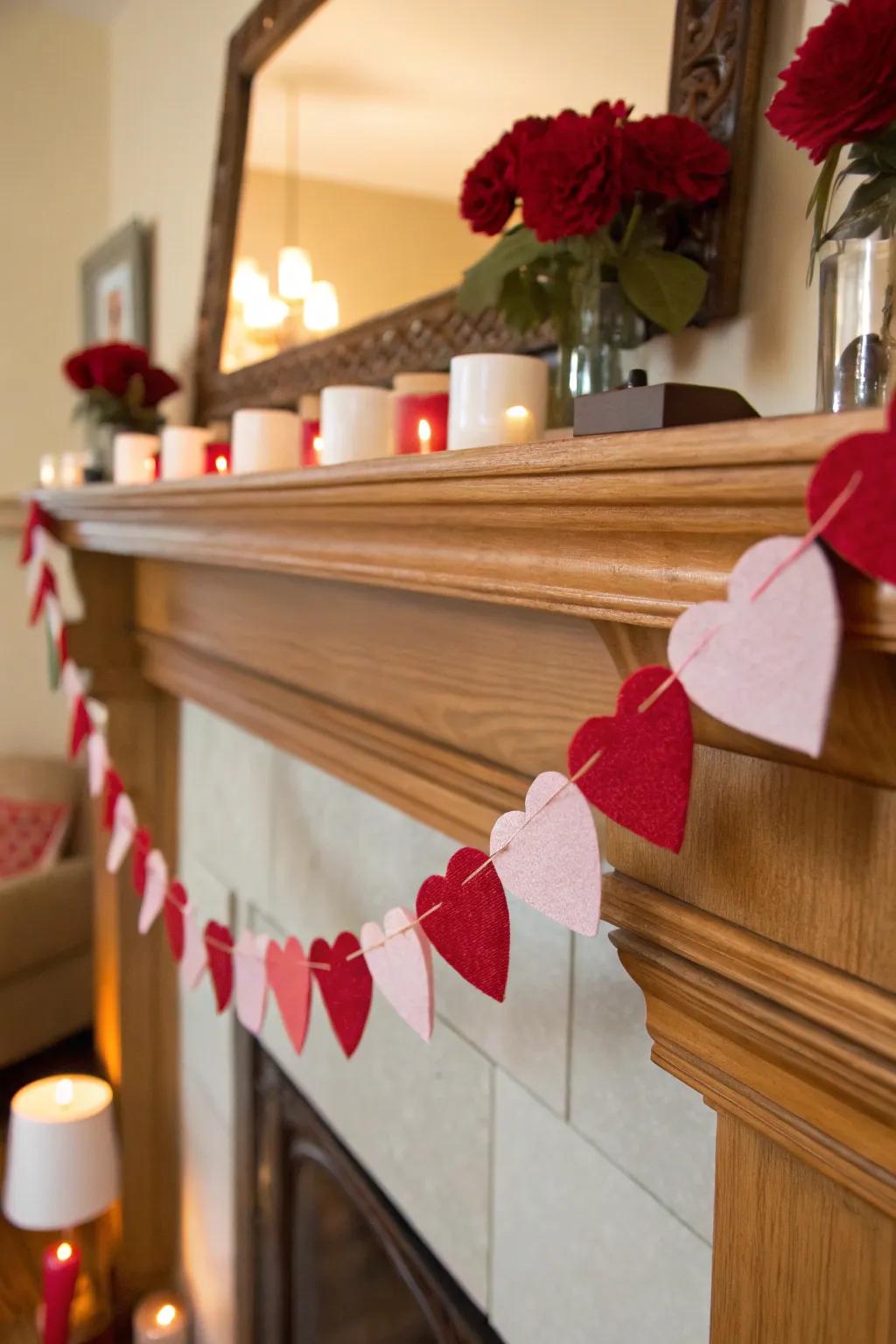 A celebratory coronary garland introduces playfulness to the mantel.