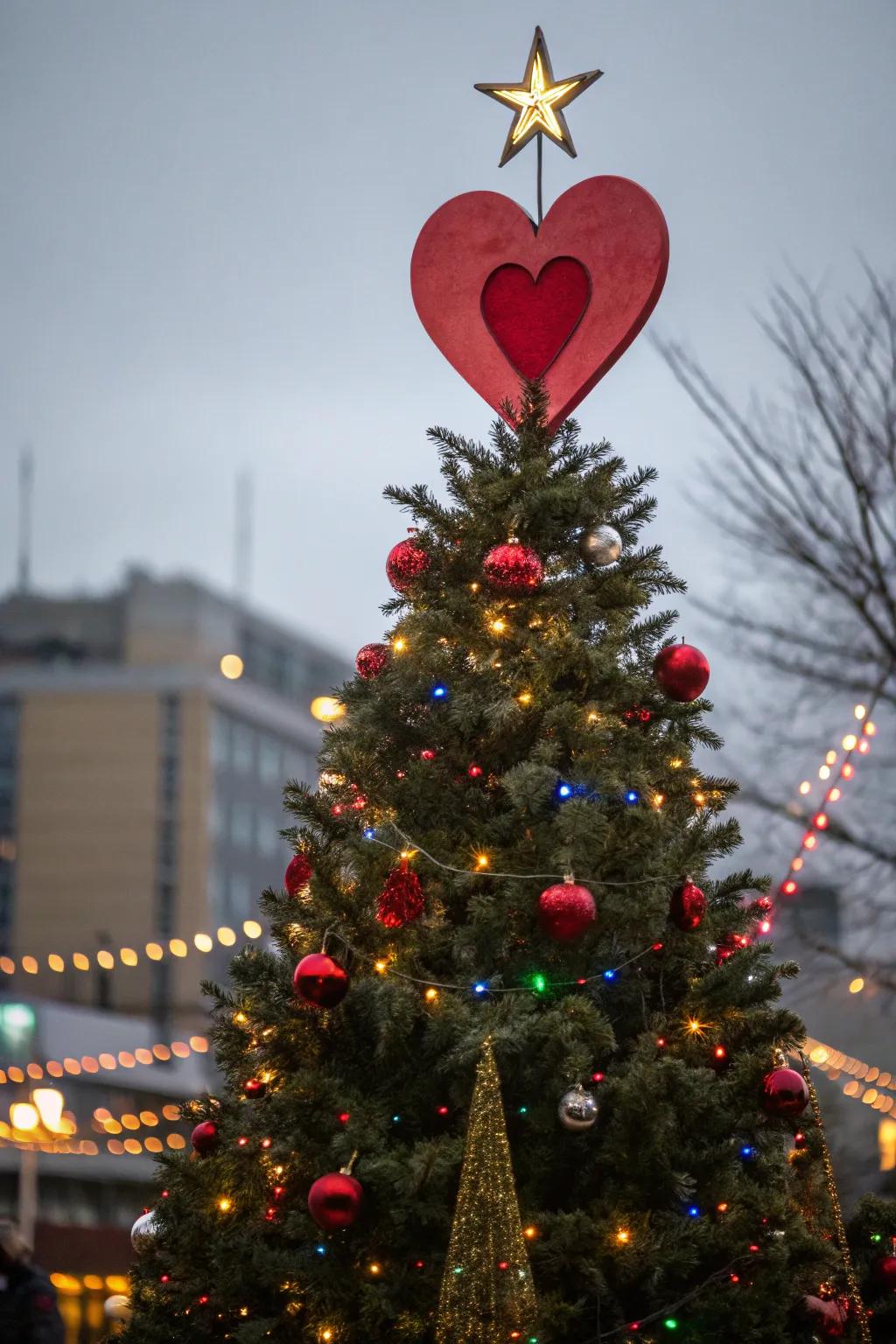 Complete your tree with a heart-themed topper for a sentimental declaration.