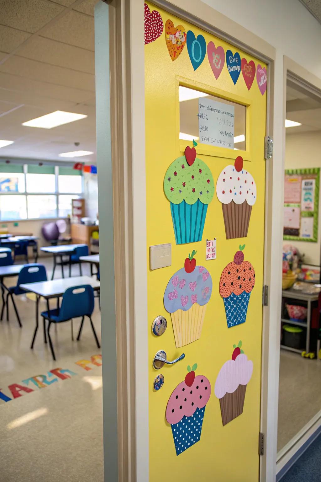A classroom entrance embellished with multihued cupcake patterns, each personalized for pupils.