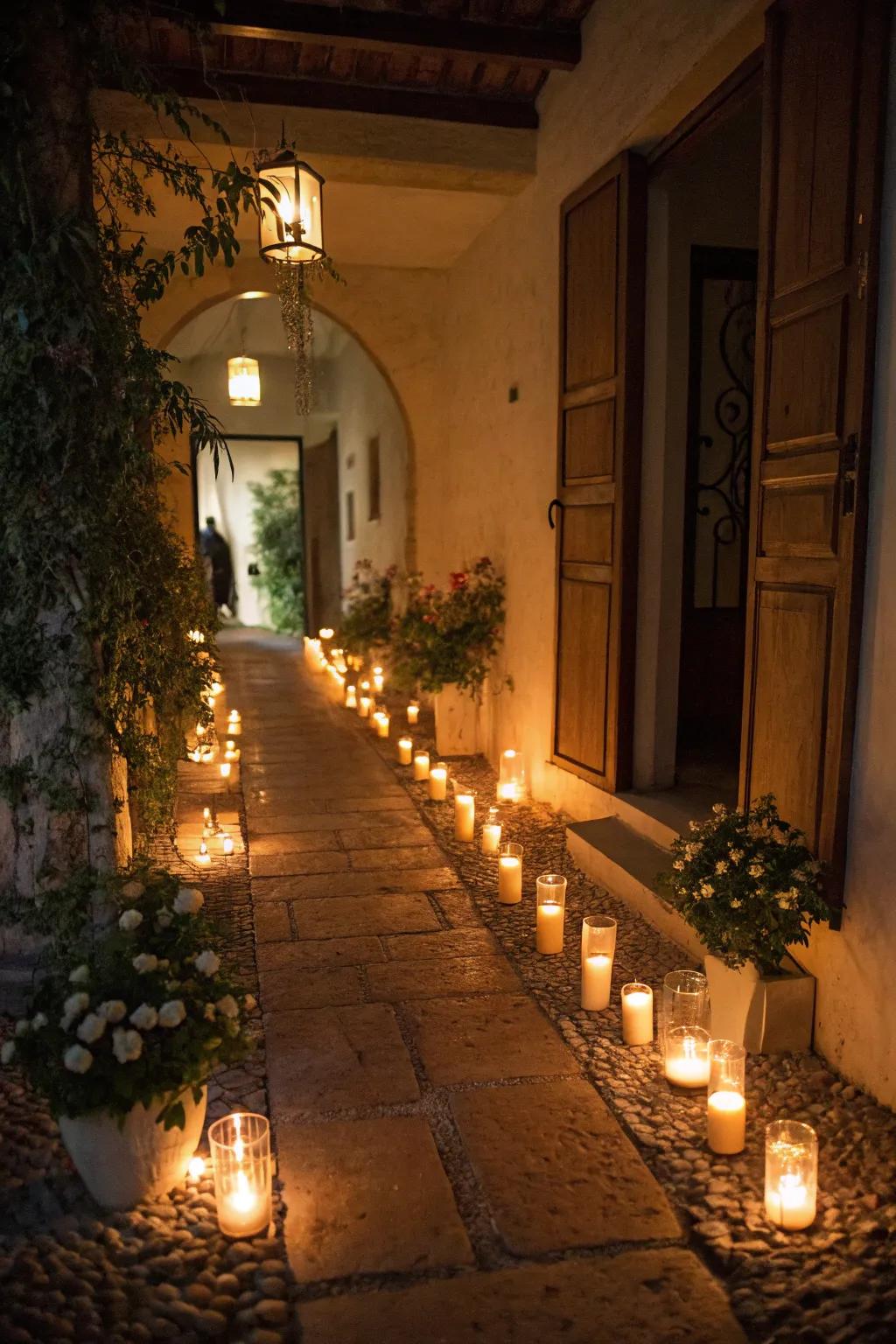Inject excitement by utilizing a candle-lit pathway directing towards a momentous surprise.