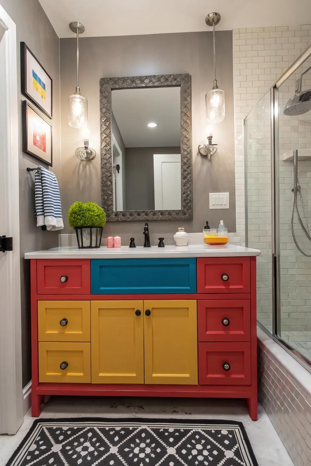 A vibrant lavatory that stands out with vibrant colors.