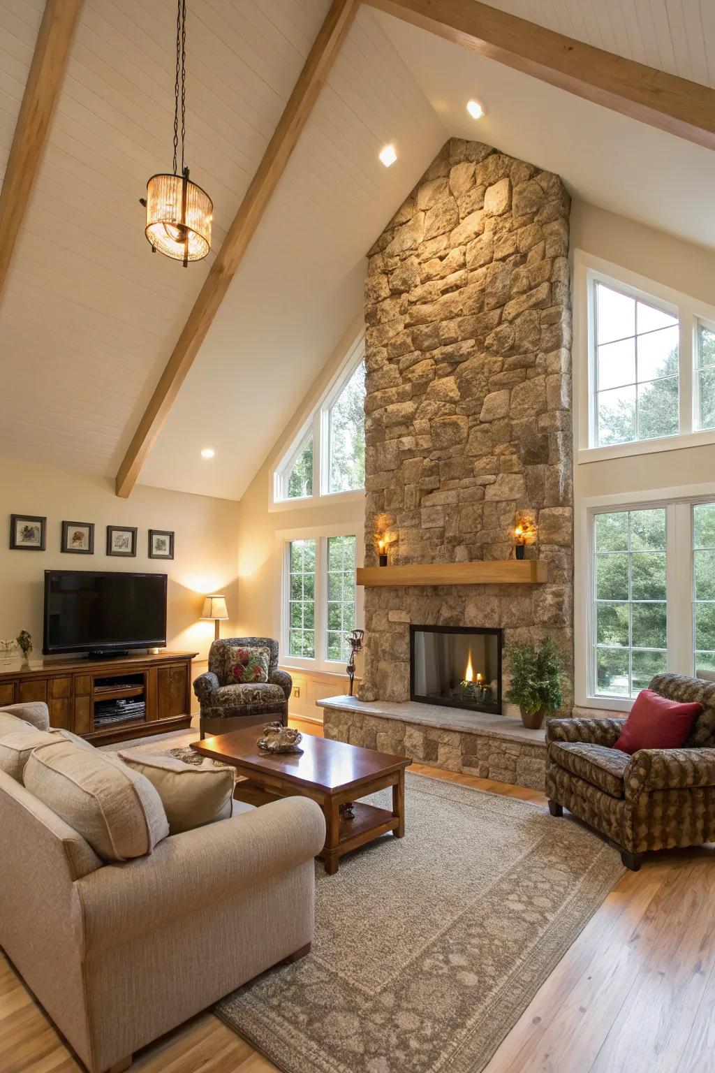 Living room with vaulted ceiling and natural stone feature wall
