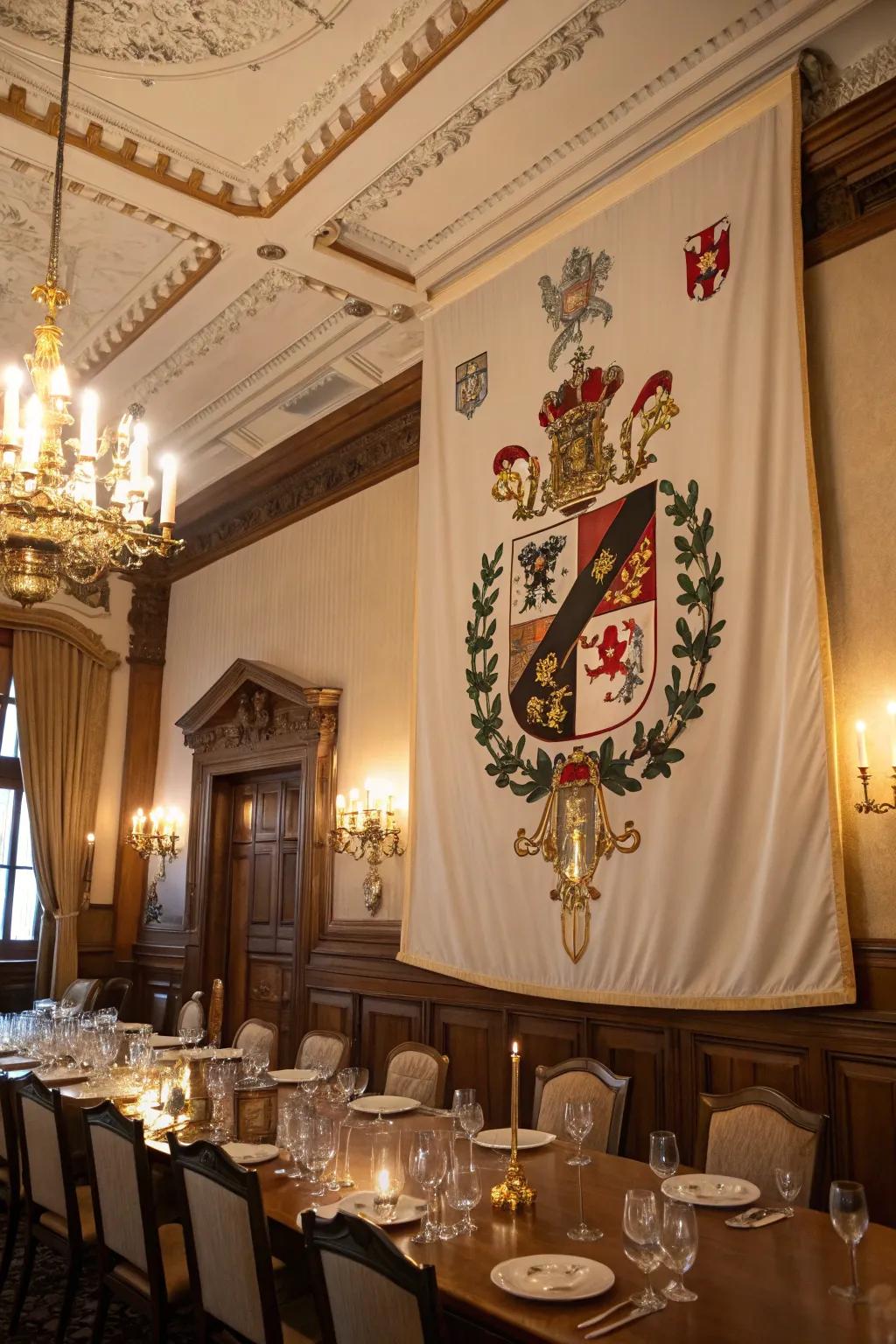 A bespoke family insignia on a vertical banner lends a personalized accent to the dining space.