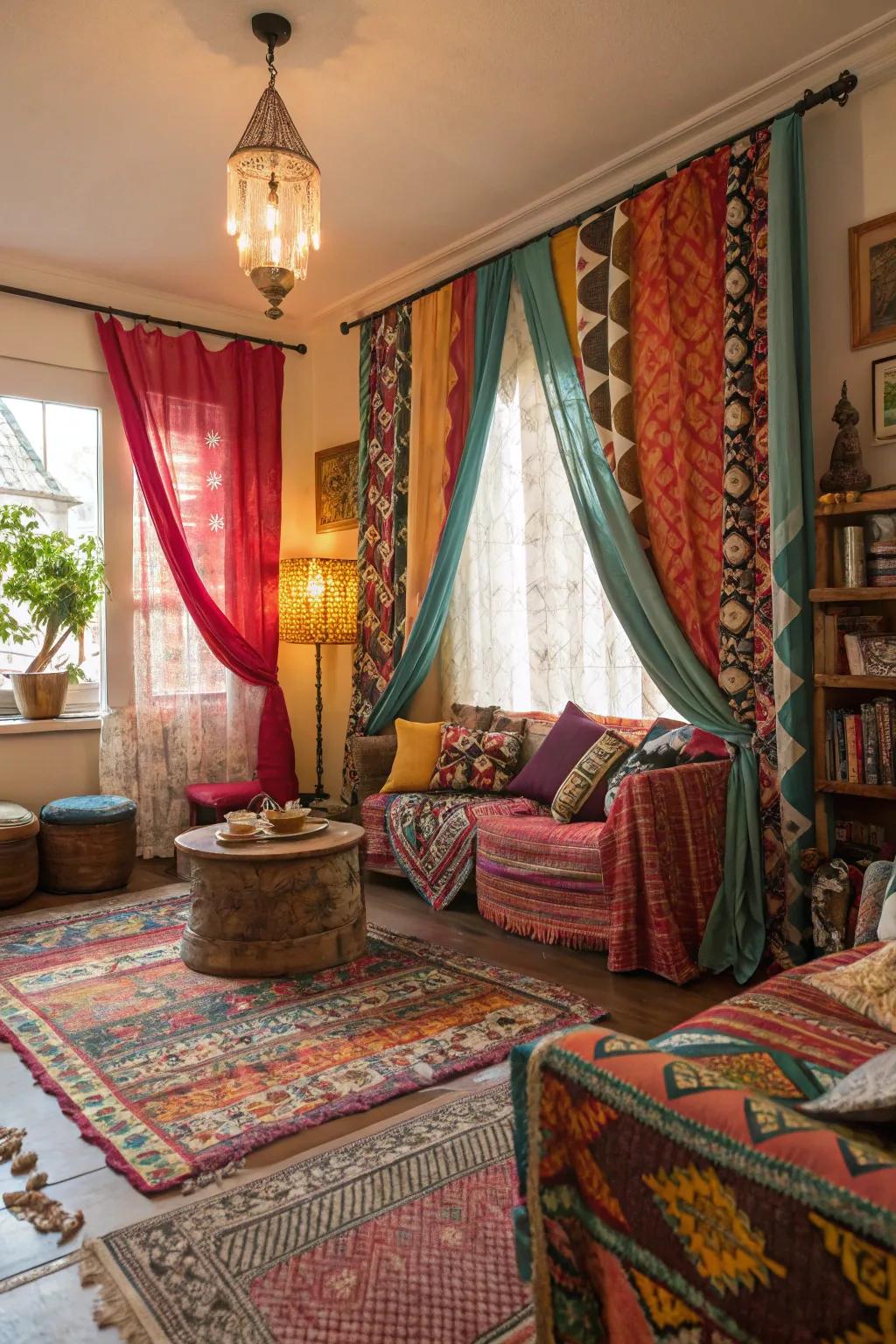 Varied and vibrant window coverings bring bohemian charm.
