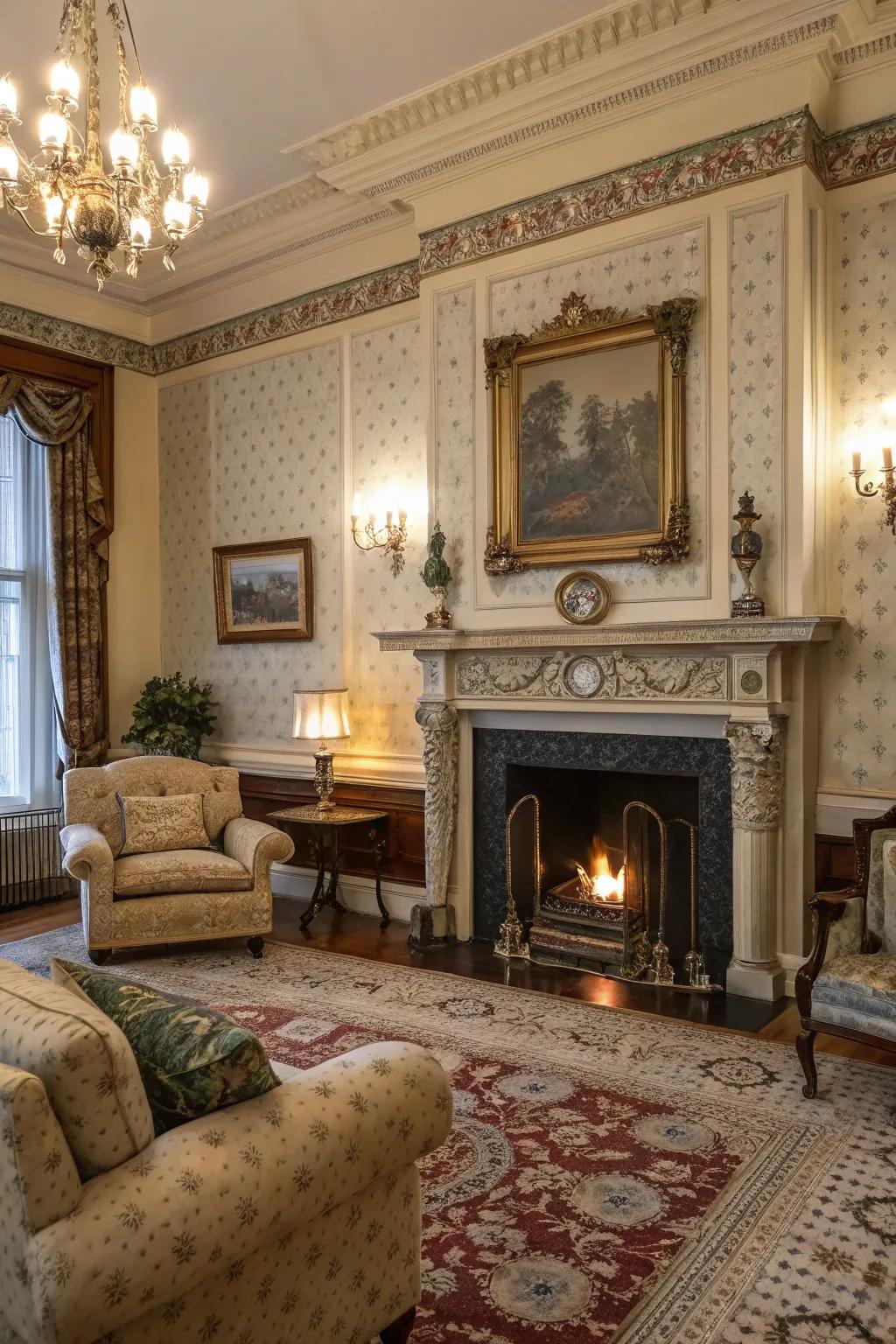 An impressive hearth featuring a decorative mantel transforms into the core of this space.