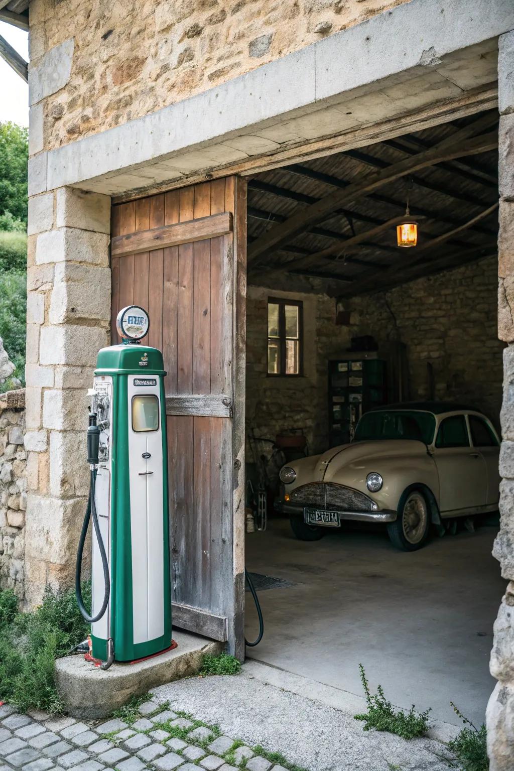 An old fuel dispenser serves as a striking nostalgic centerpiece.