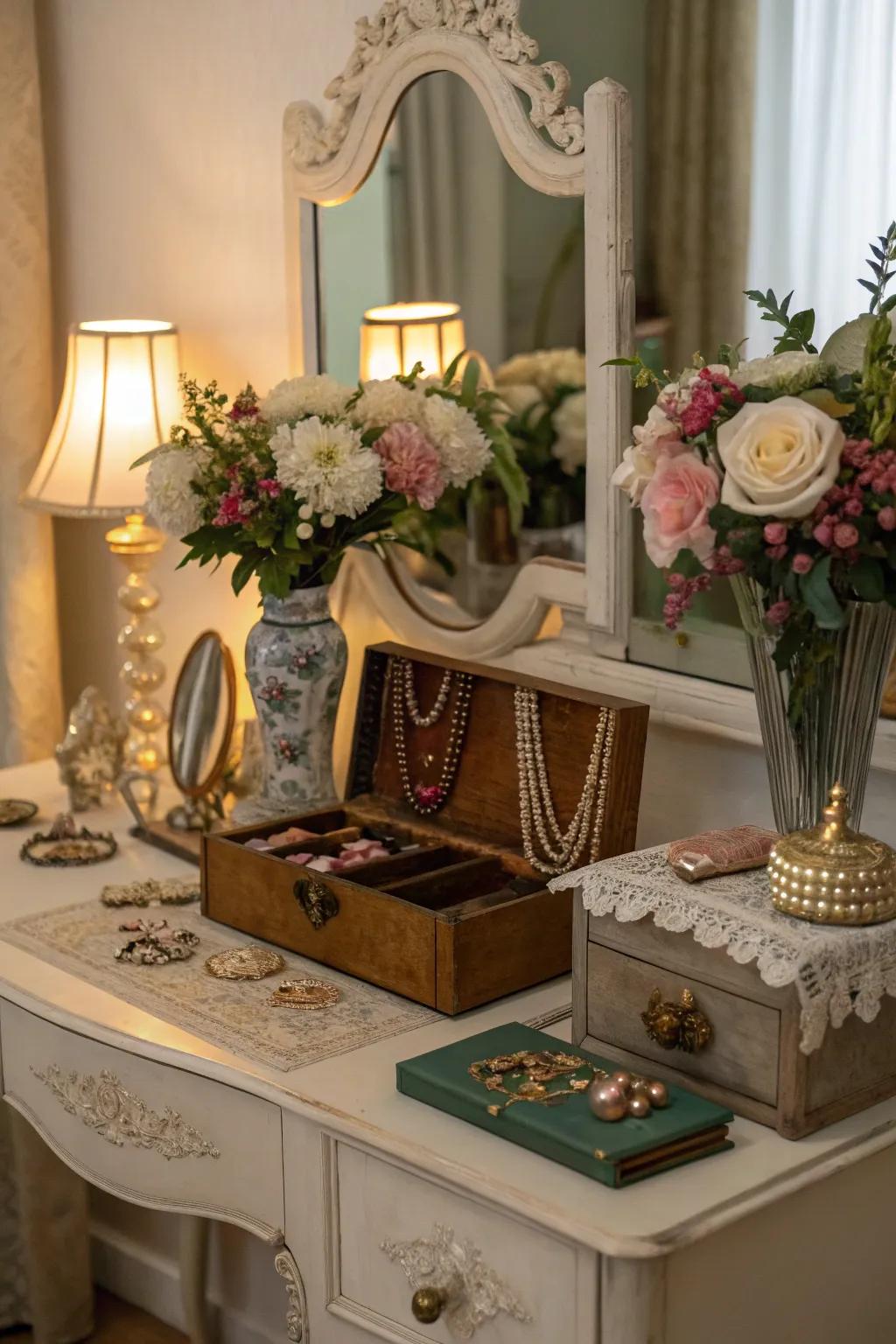 Vintage accents like jewelry containers and lamps enrich the validity of your vanity.