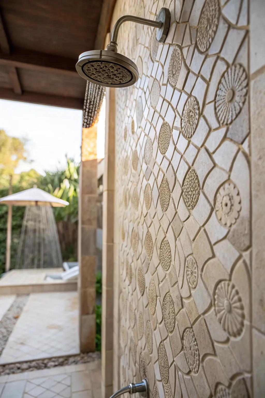 Shower enclosure showcasing distinct texture pavers and natural light.
