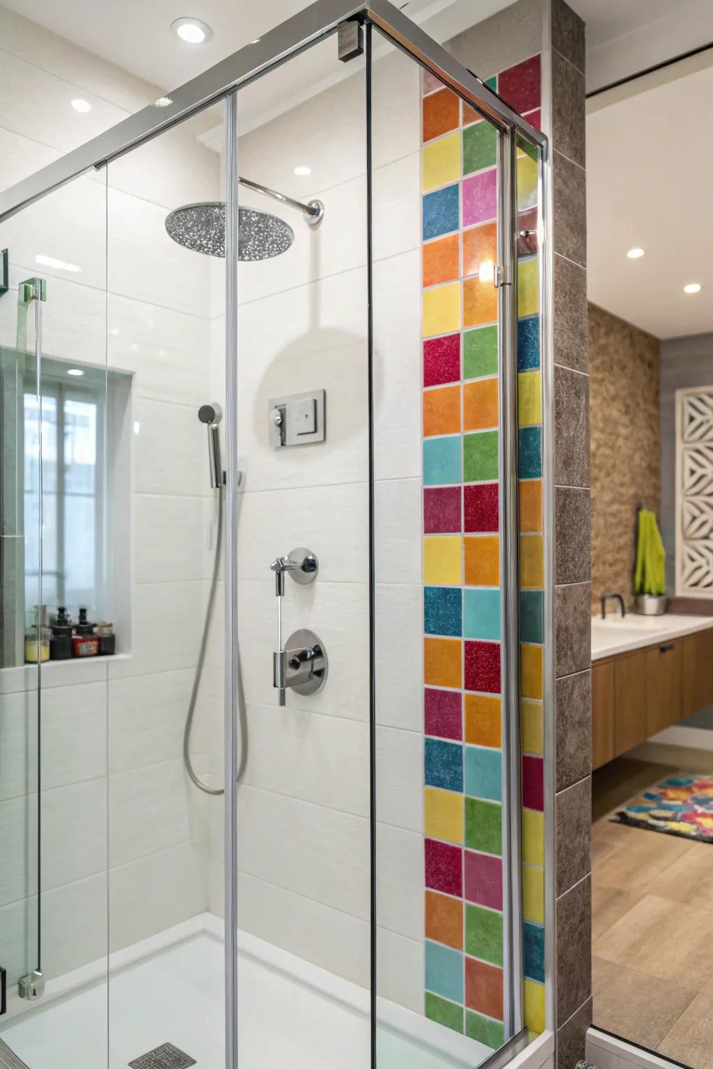Accent tiles bring color and personality to this walk-in shower.