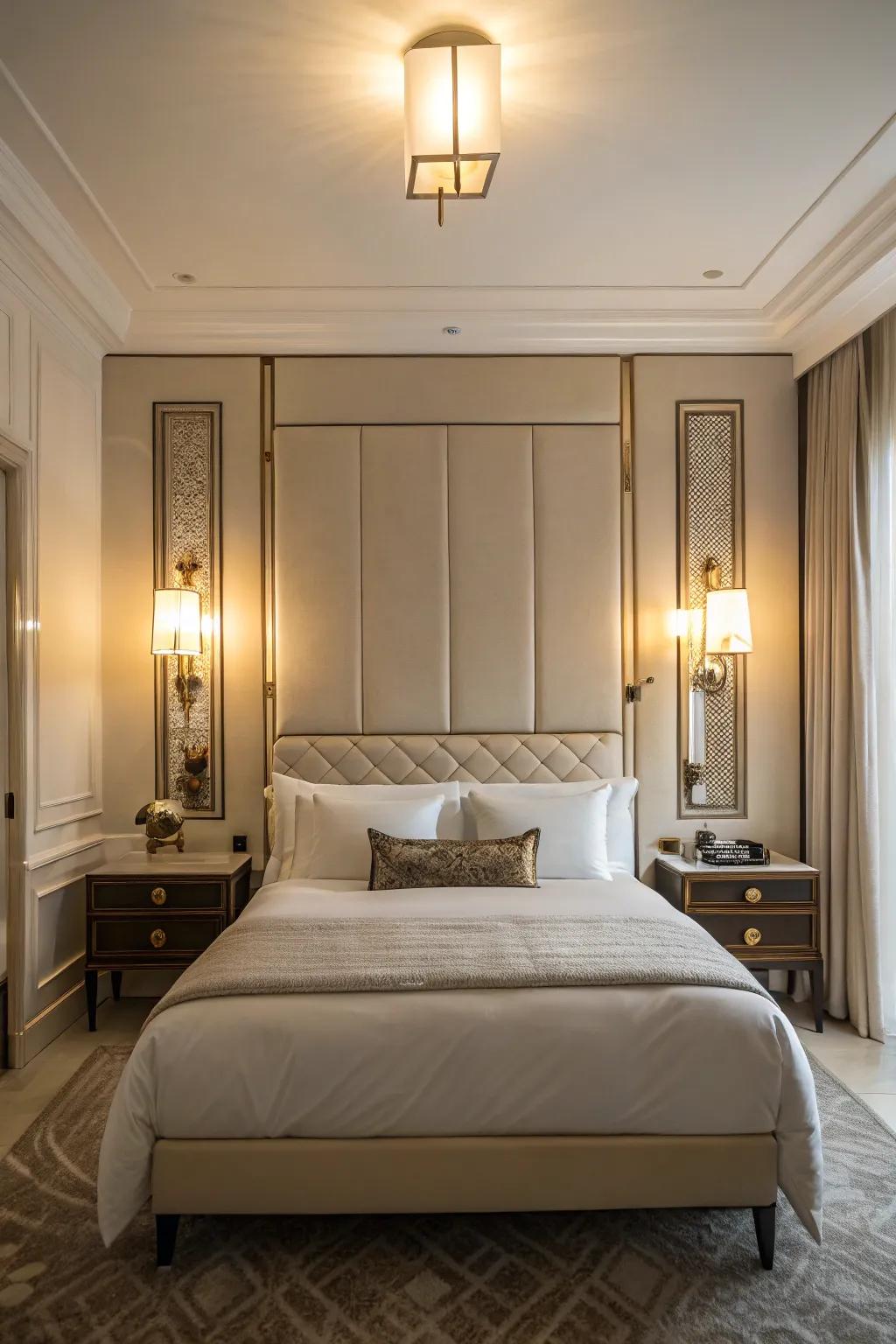 Wall sconces contribute both finesse and function to the sleep chamber.