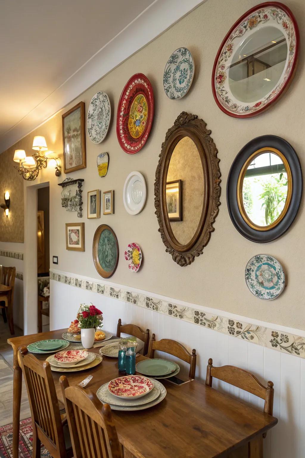 Mirrors and dishes foster a sophisticated aesthetic.