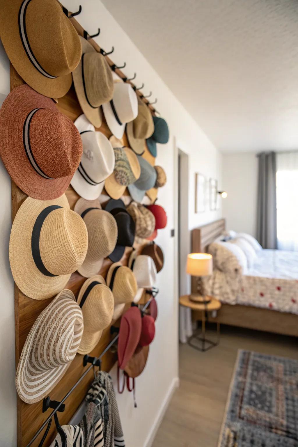 A wall-mounted rack for displaying a large hat collection