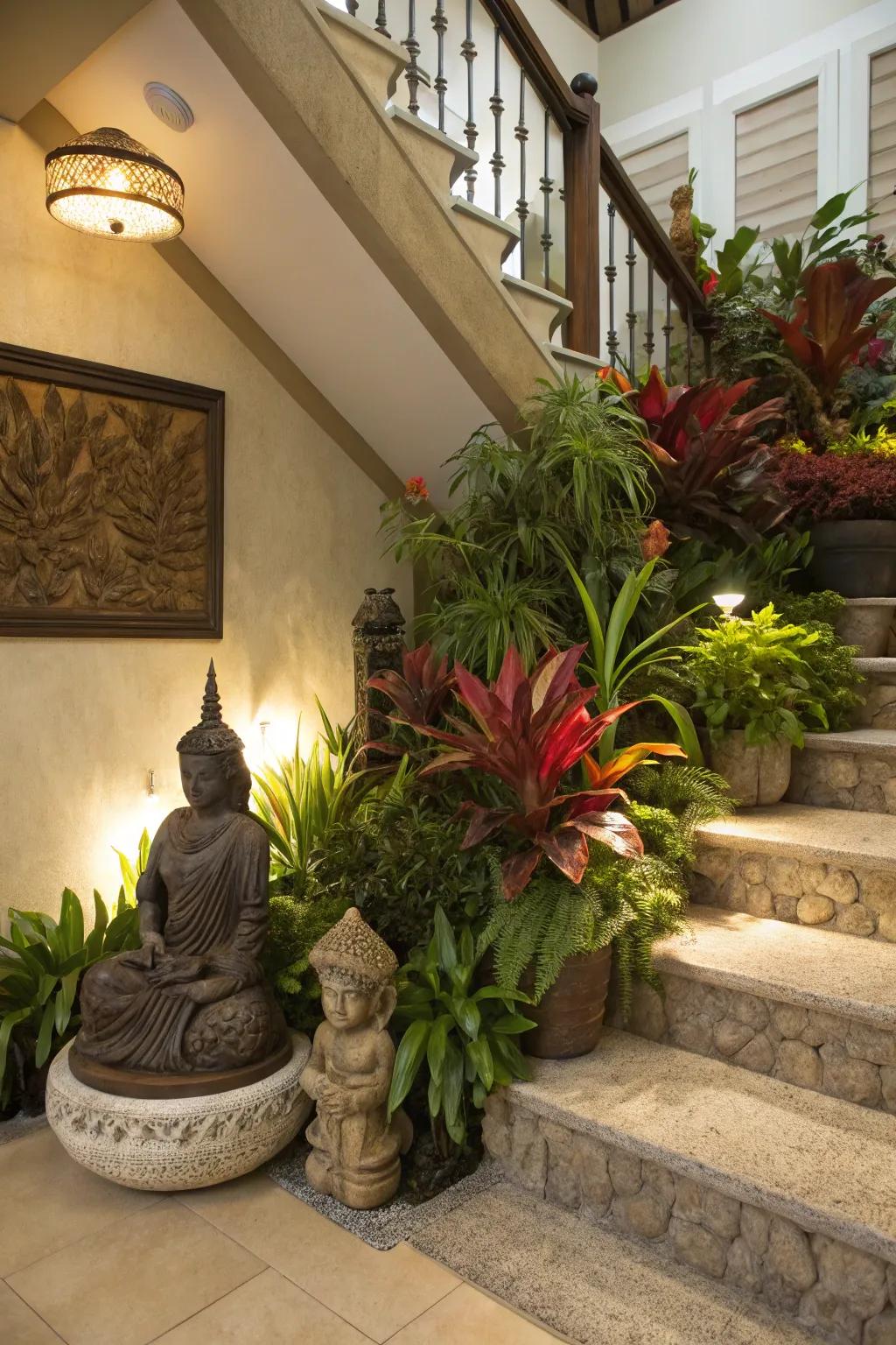 A decorative arrangement beneath the staircase adds refinement and style.
