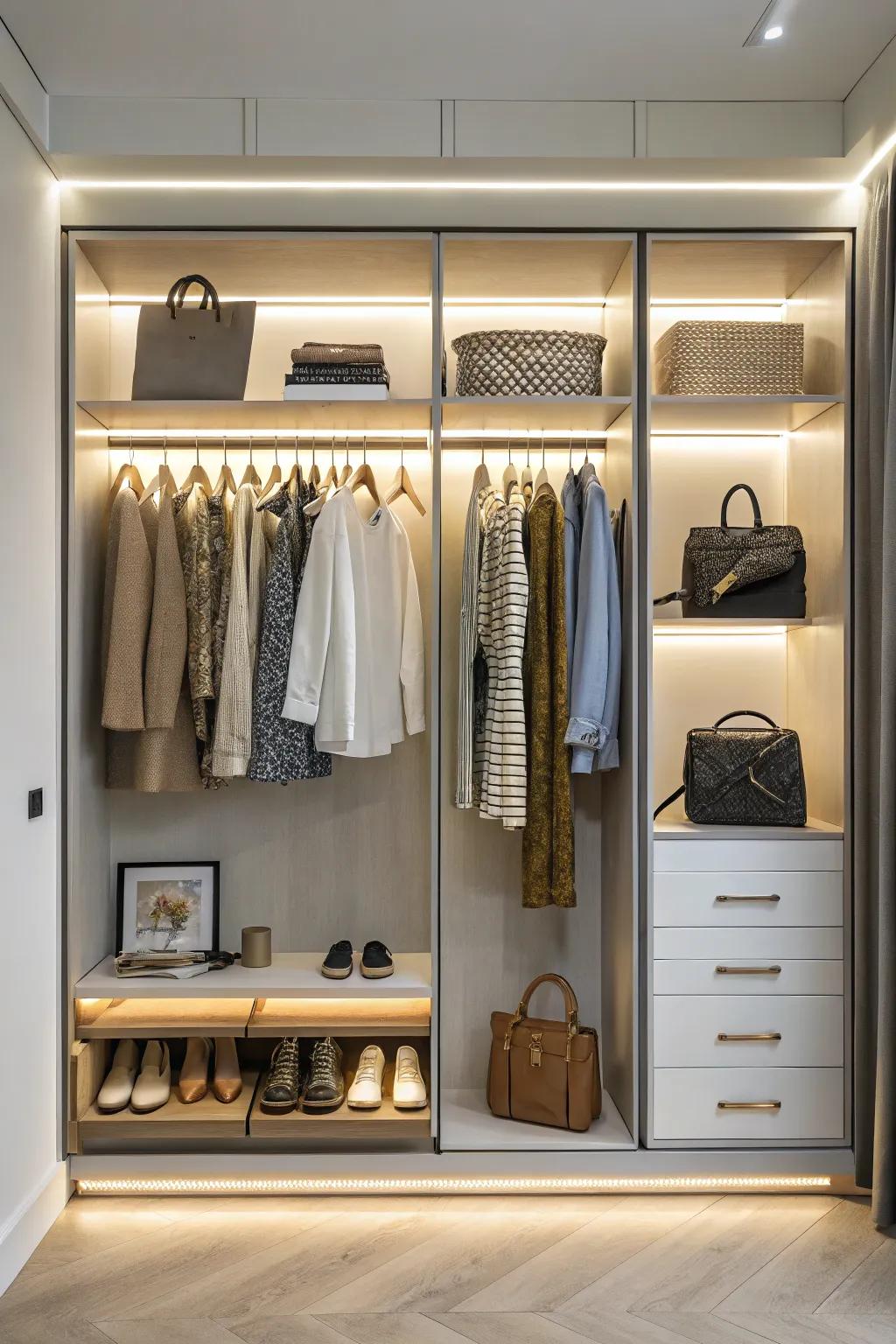 Integrated illumination enhances closet functionality.