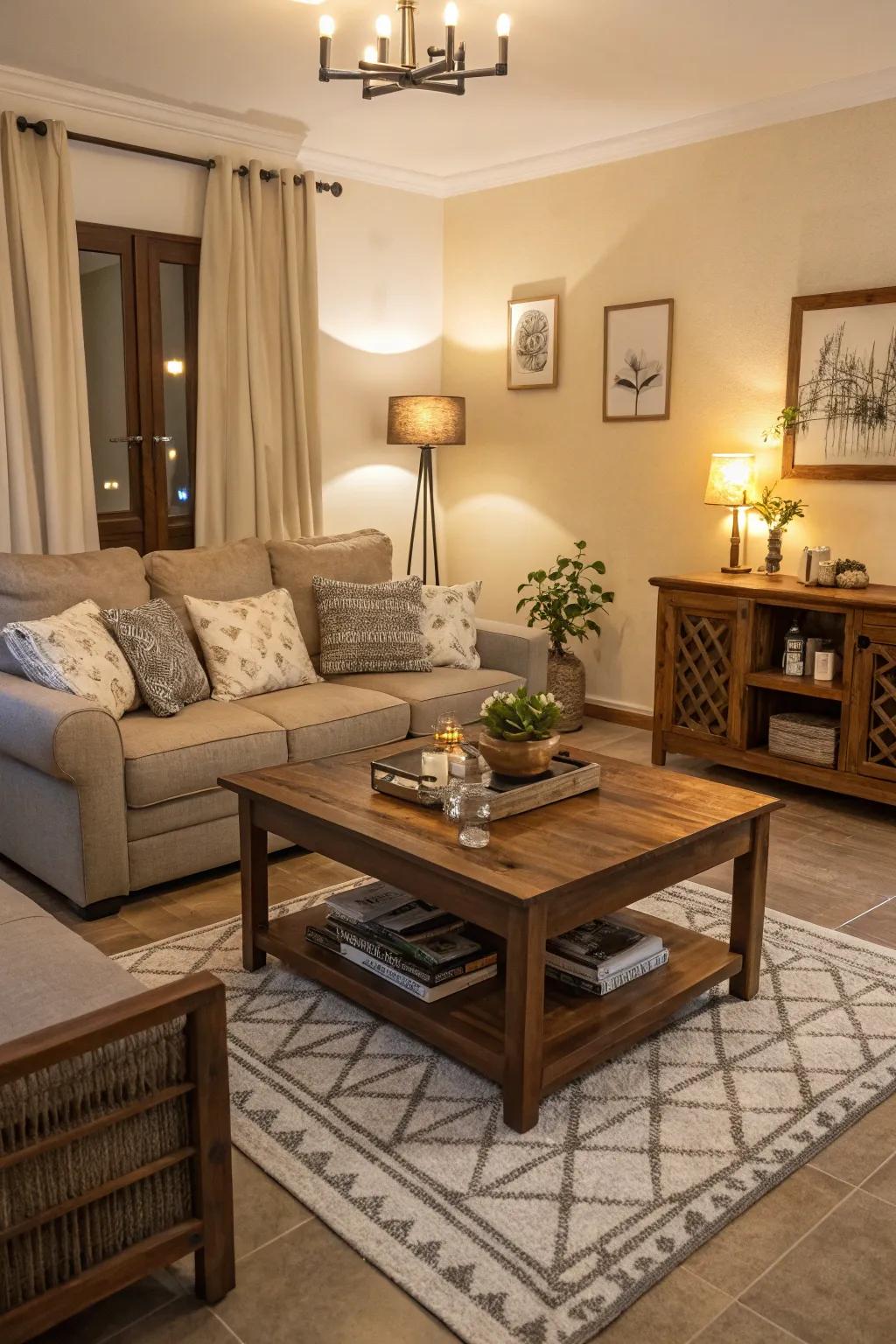 Functional furniture harmonizes flair and efficiency within a living area.