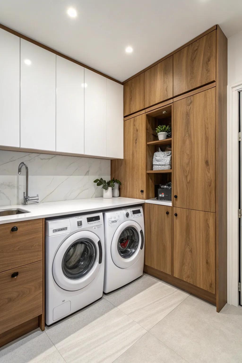 Efficient use of a kitchen corner for a laundry pair setup.