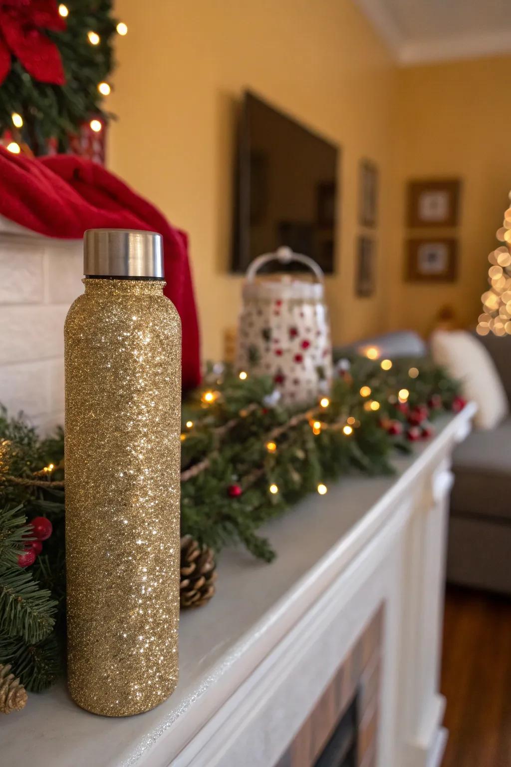 A radiant beverage container layered in golden specks.