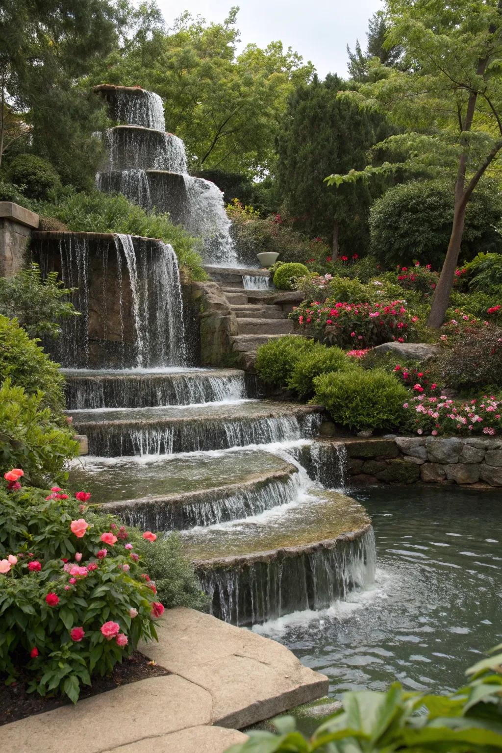 Stepped cascades introduce visual appeal and calming sounds.