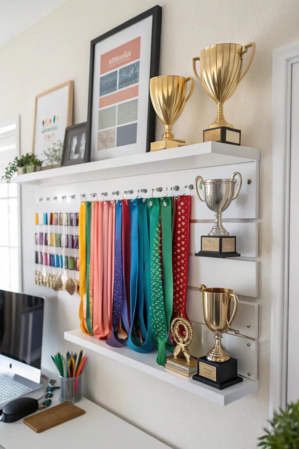 A trophy shelf that acknowledges accomplishments with class.