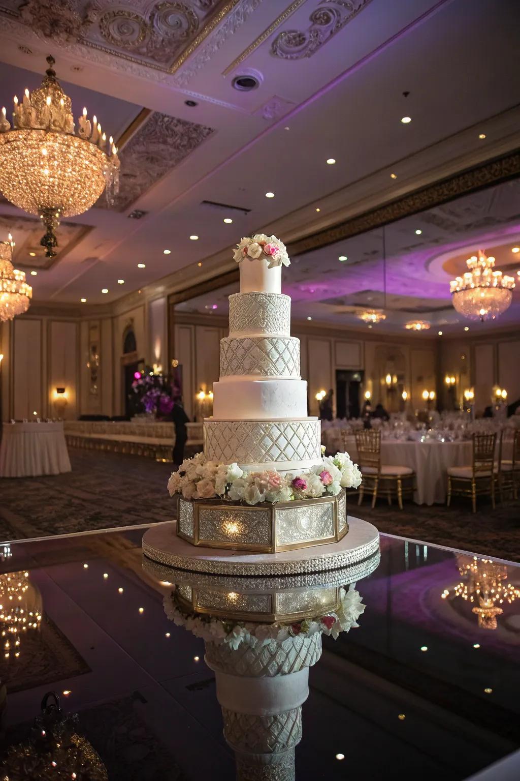 A wedding cake exquisitely mirrored on a reflectorized plane.