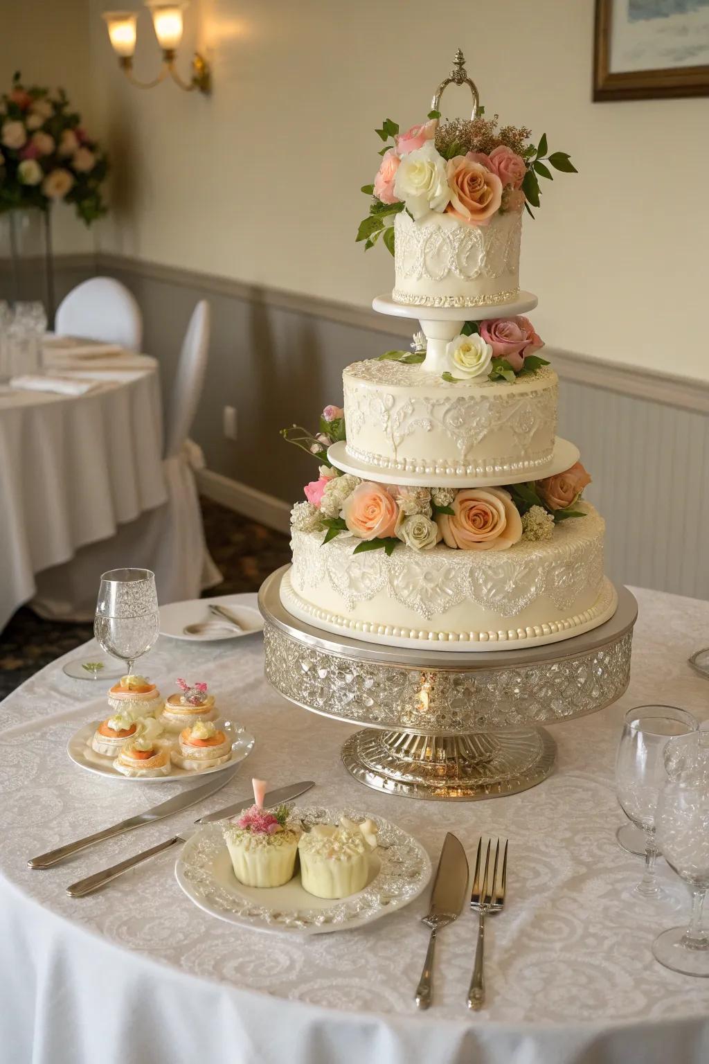 A tiered stand elevates the cake's elegance.