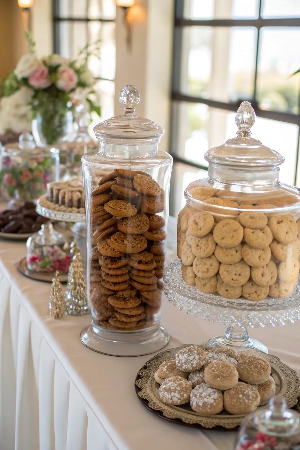 Transparent containers elegantly present pastries at a wedding.