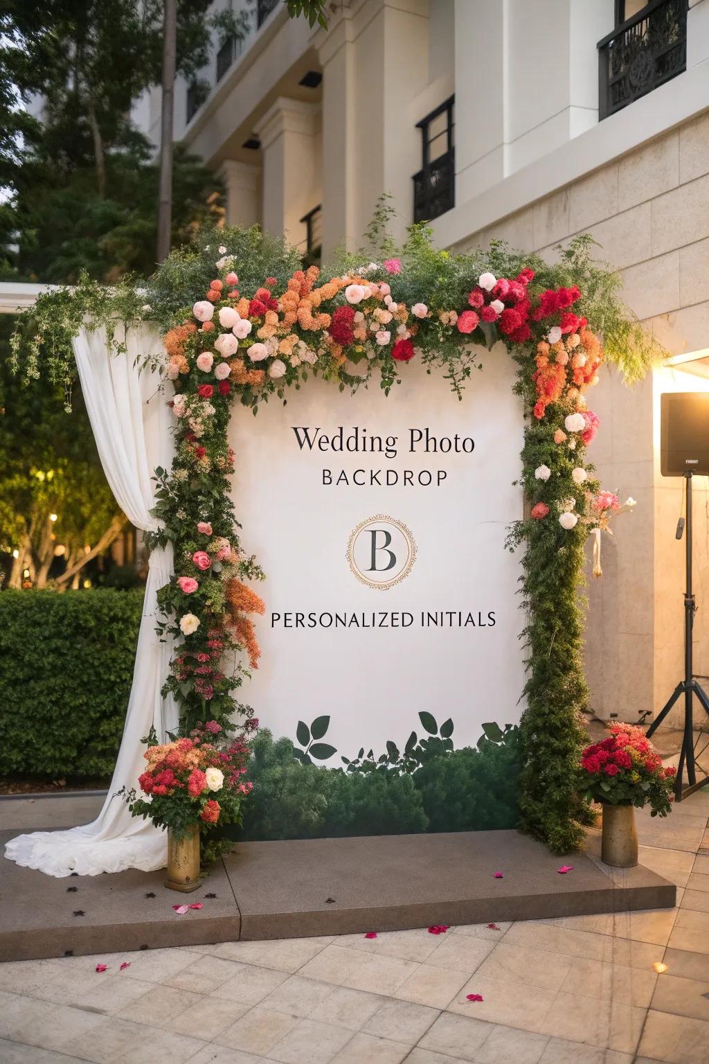 A stylish wedding photograph backdrop adorned with flowers and customized initials.