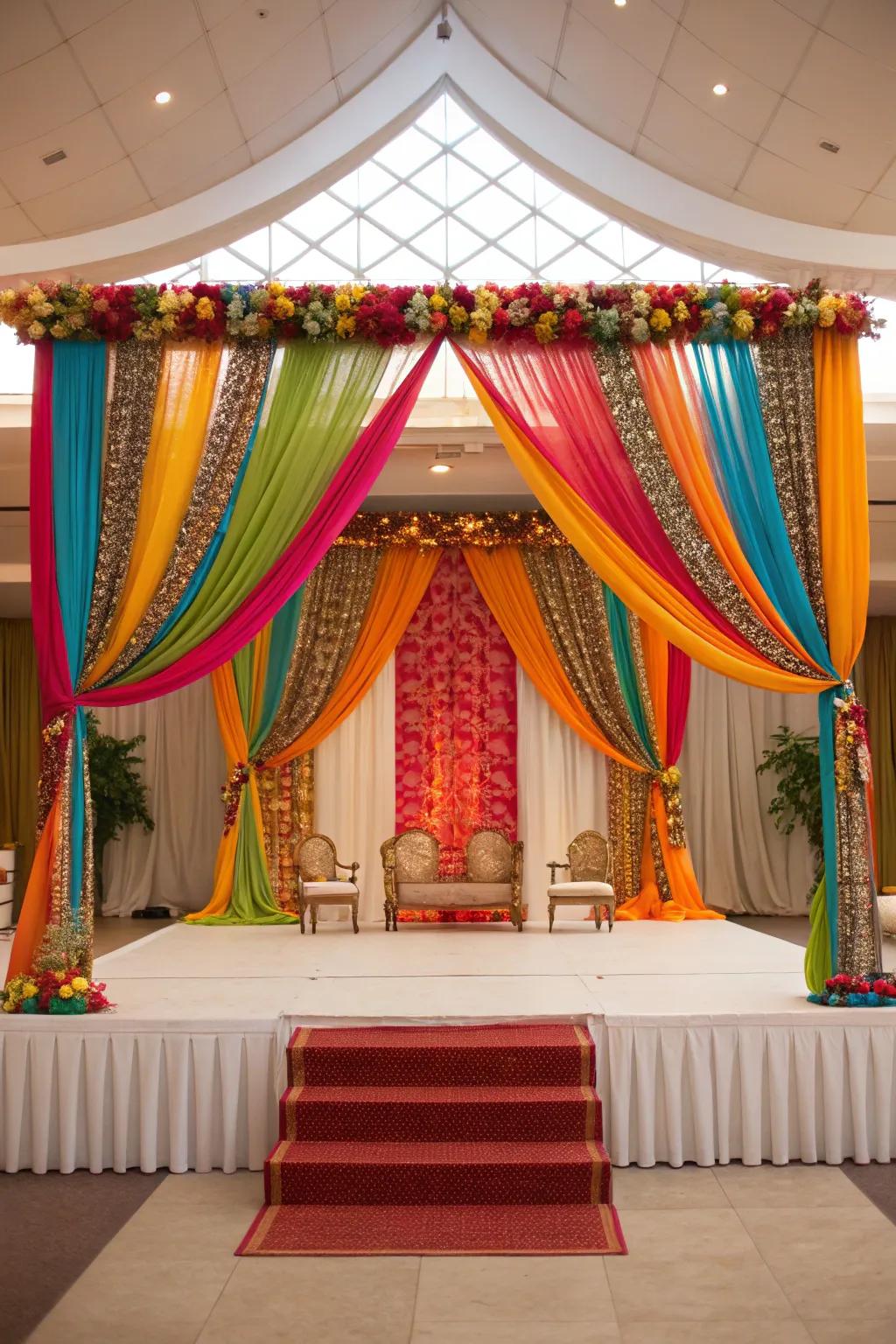 Make your wedding palette stand out with vibrant fabric backdrops.