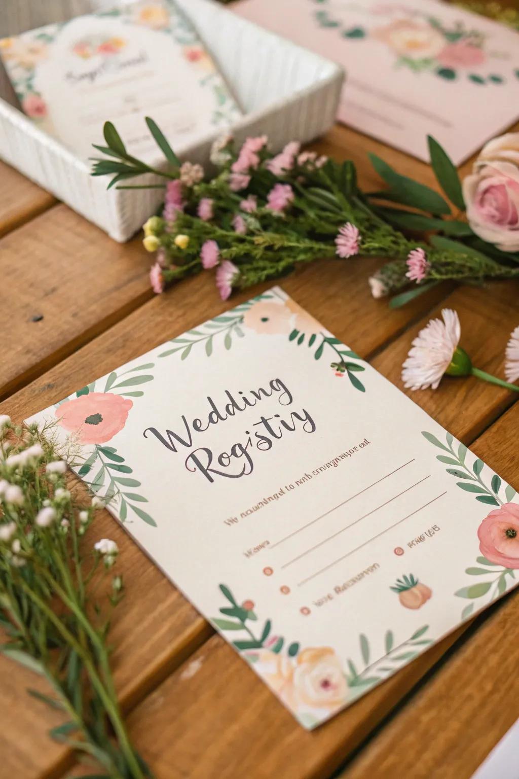 A registry card decorated with delicate floral patterns.