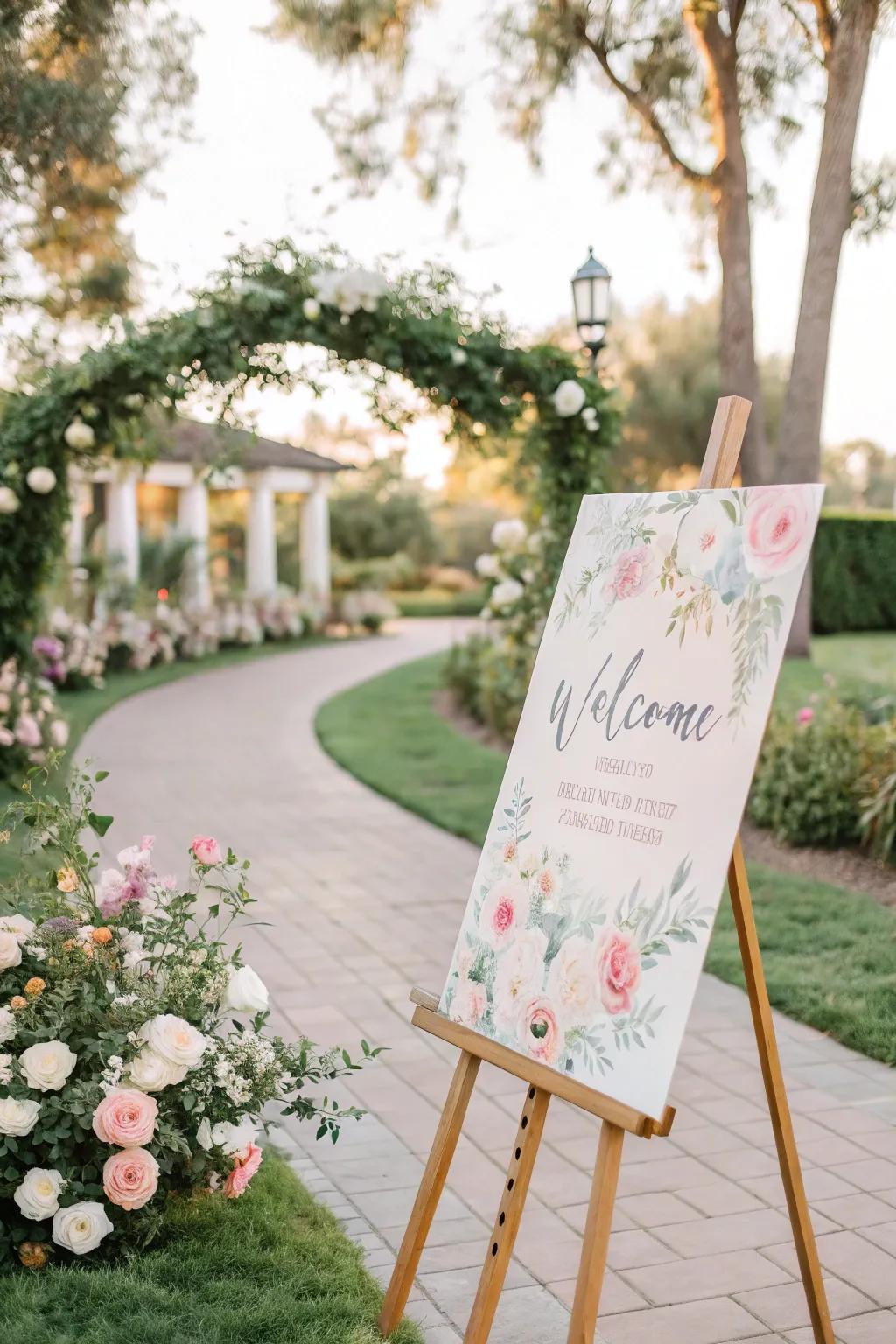 A fun watercolor welcome board with soft colors, great for a garden wedding.