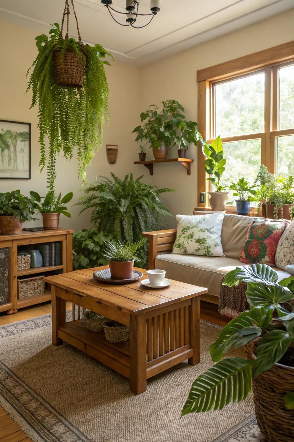 Living room styled with natural components and greenery.