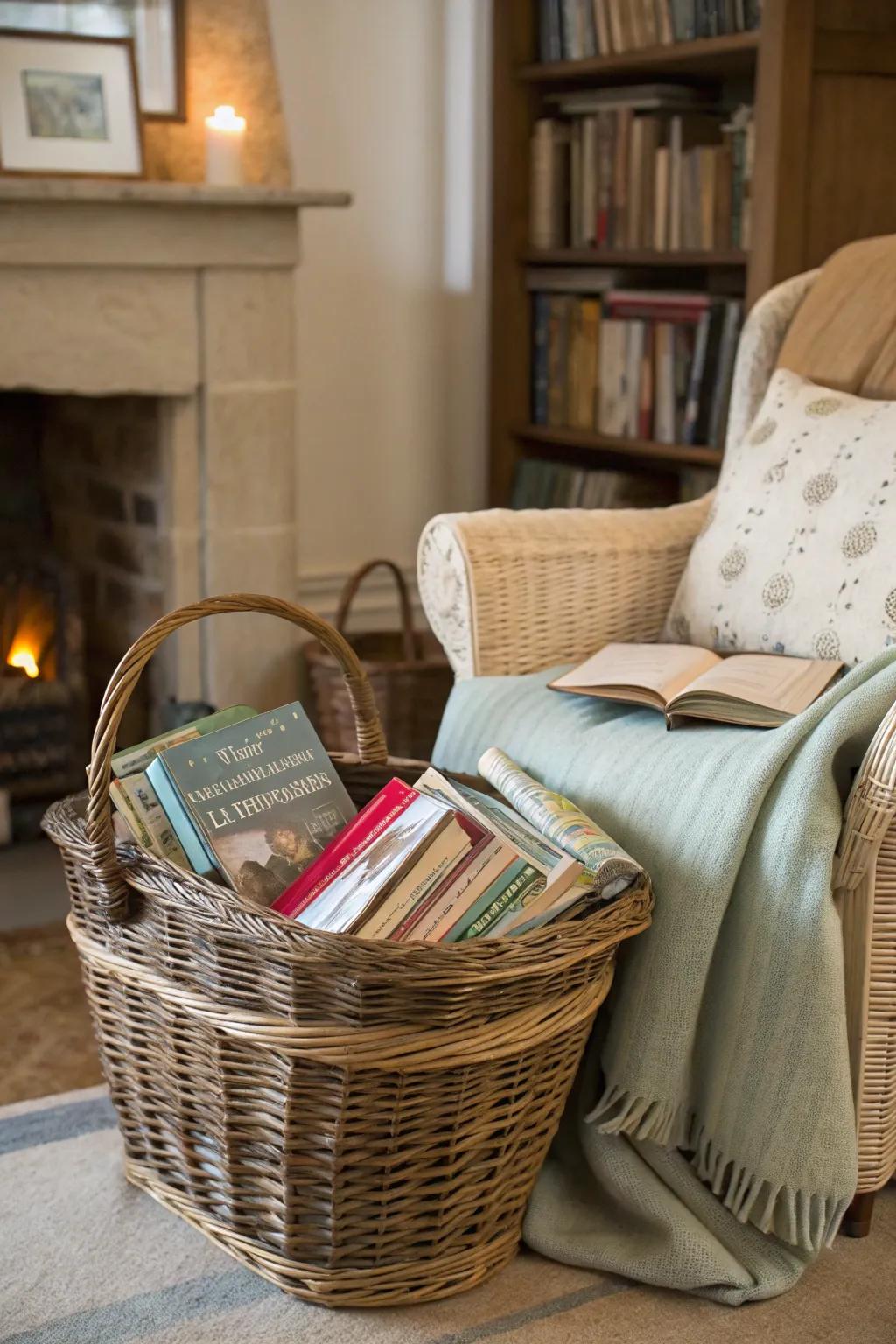 Any space is transformed into a cozy reading nook with a basket filled with books.