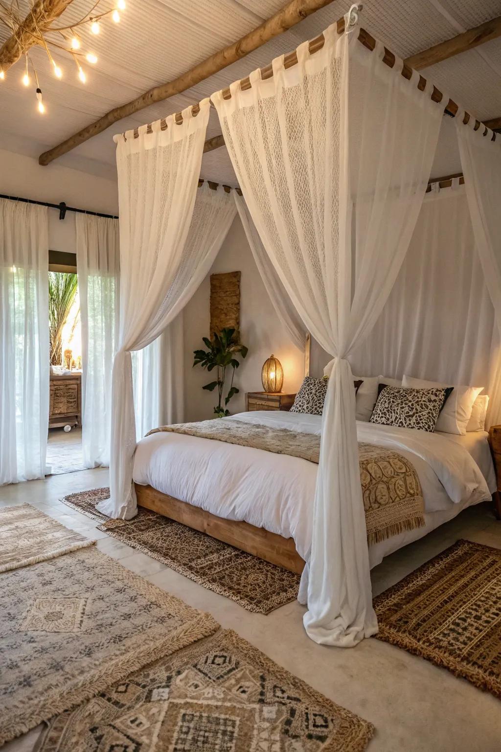 Lavish components united with ivory drapes fashion a snug sleeping quarter haven.