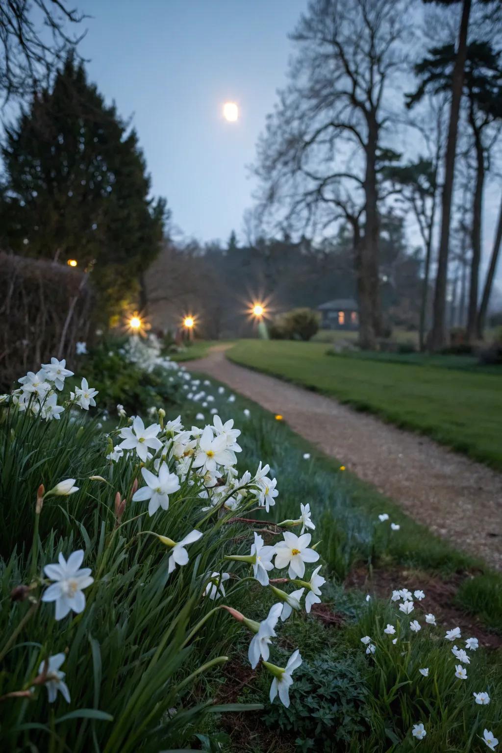 Pale flowers glow radiantly under moonlight, producing a magical garden setting.