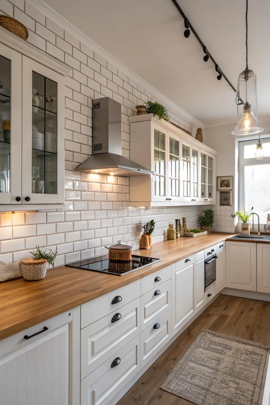 Subway tiles incorporate traditional elegance to the cooking area space.
