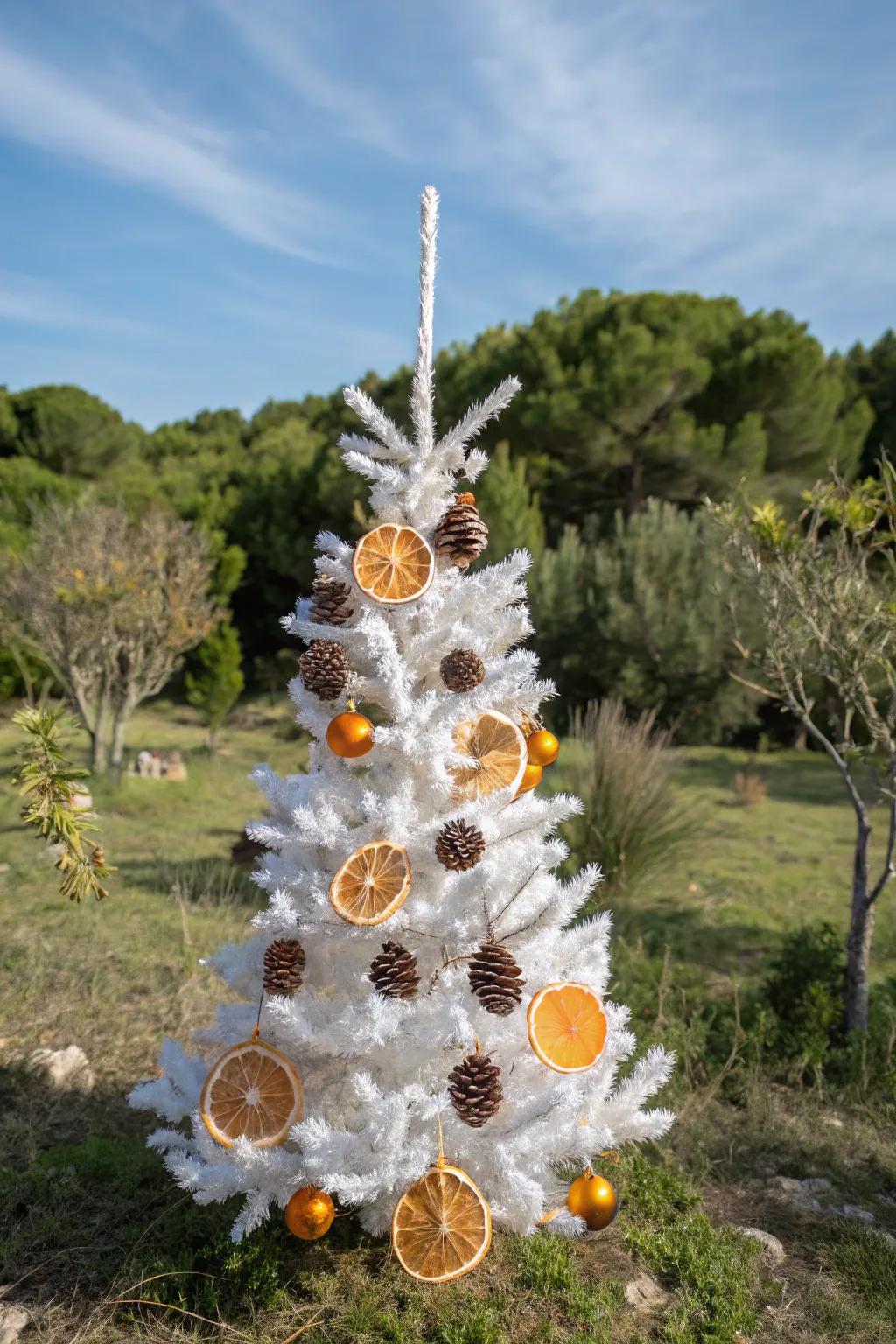 A nature-inspired white pencil tree using cones and dried citrus segments.