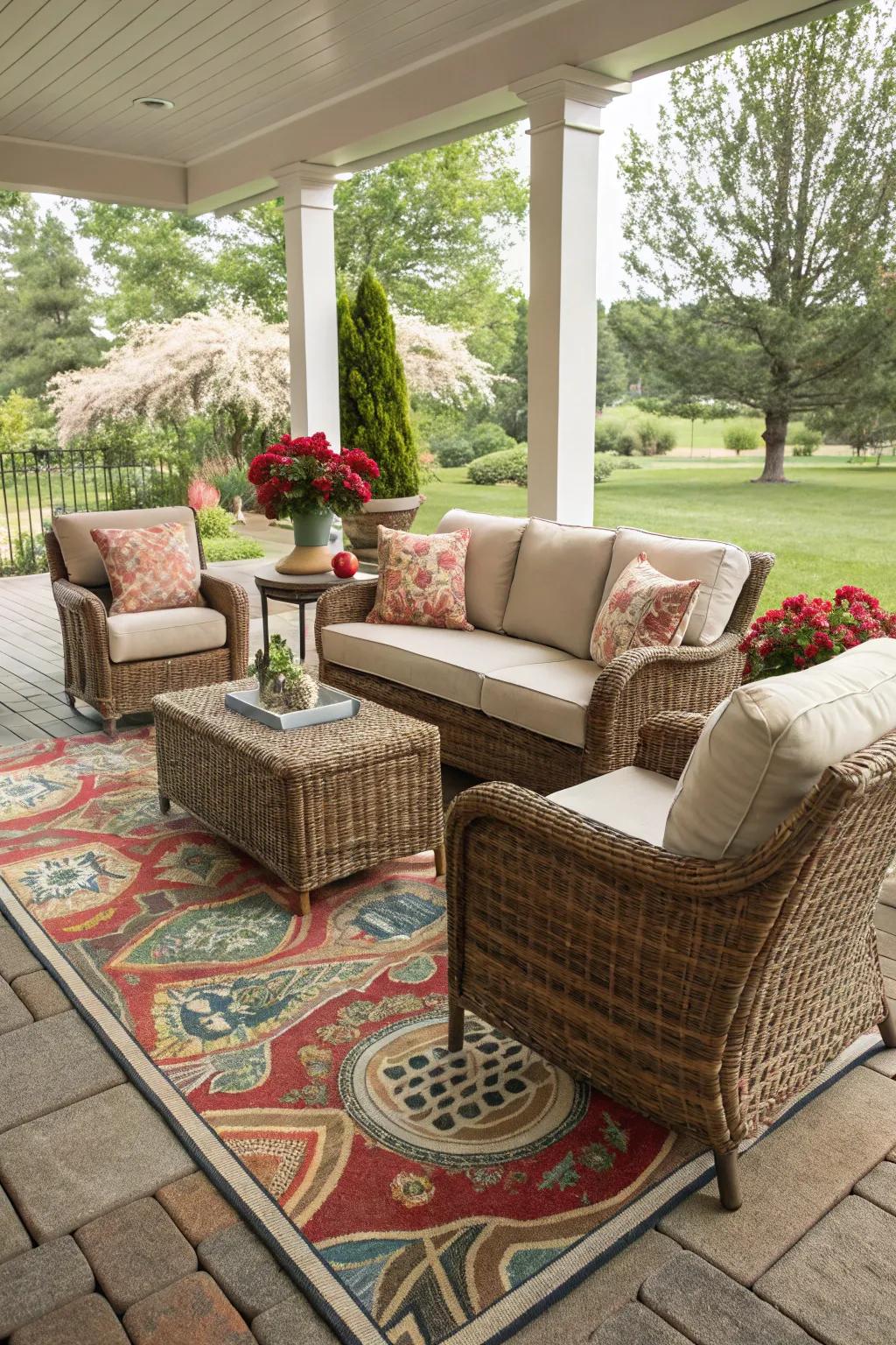 Demarcating zones with fashionable outdoor rugs.