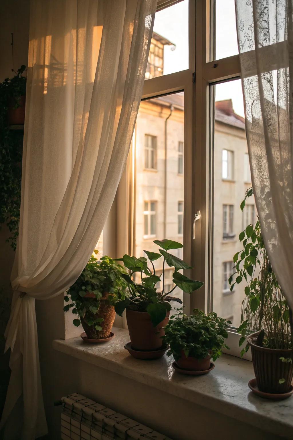 Ornate accents like curtains and plants enrich this window's look.
