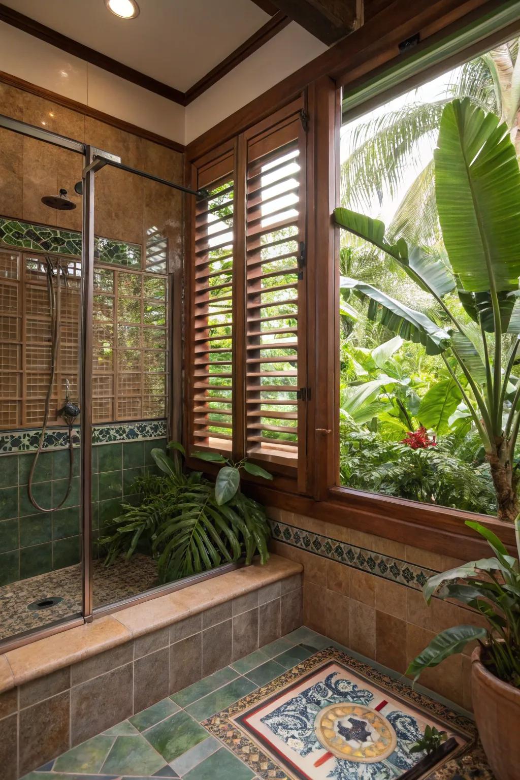 Venetian slats fuse interior comfort with outdoor aesthetics within the shower.