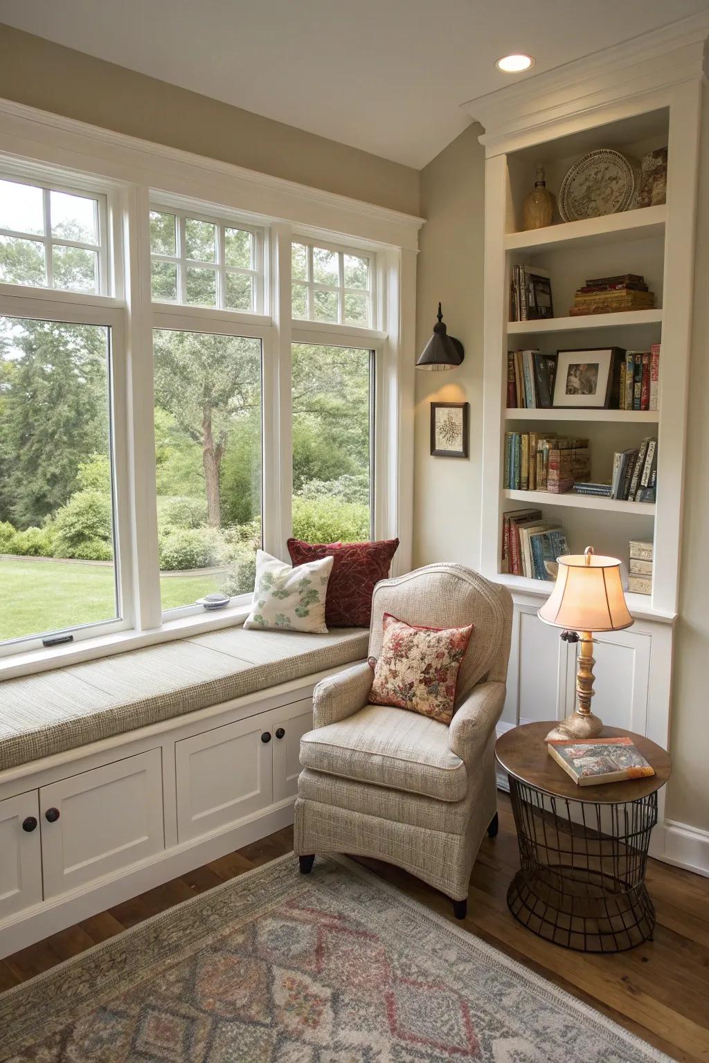 A window nook is a combination of usefulness and style.