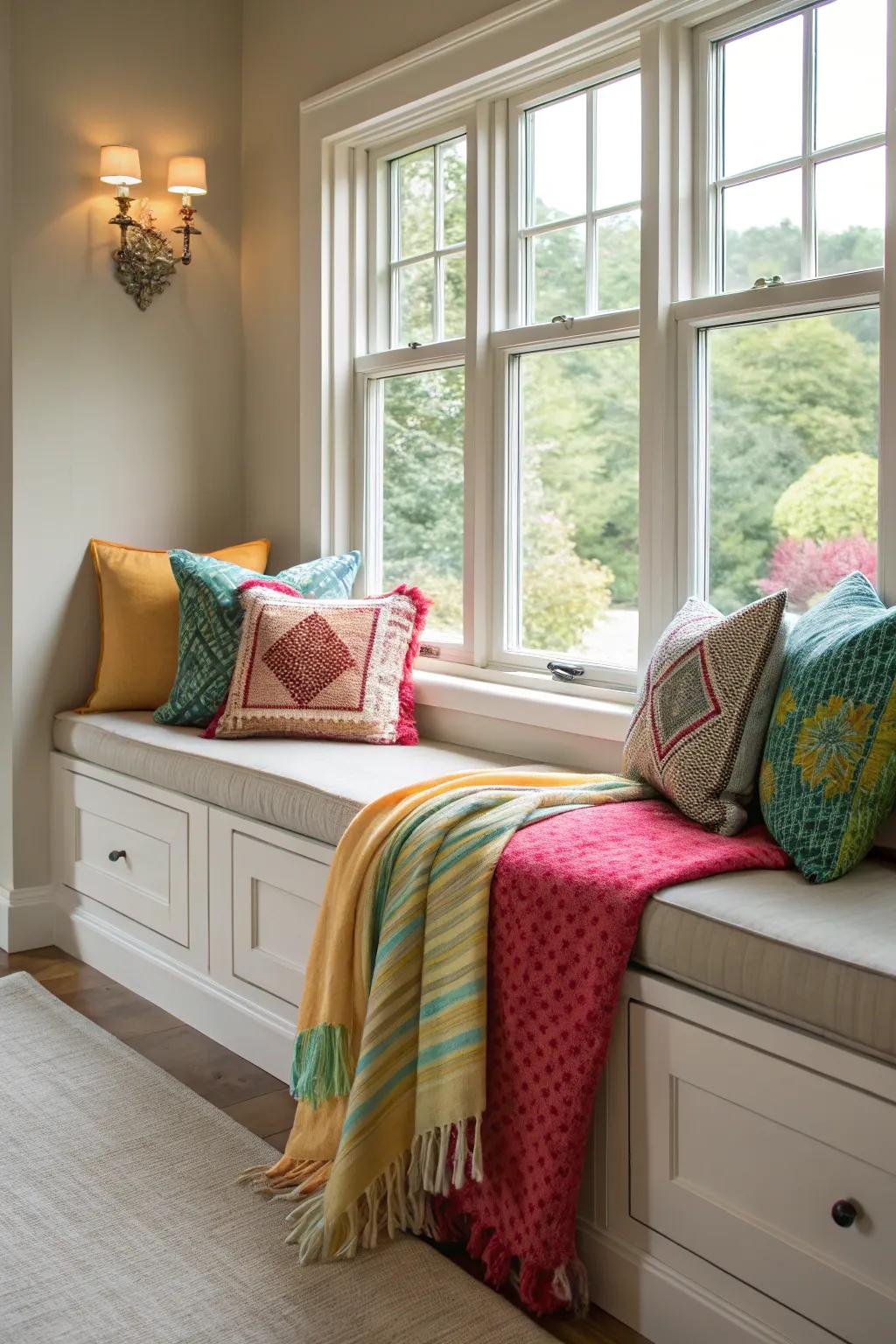 Introduce color with fabrics for an inviting window seat.