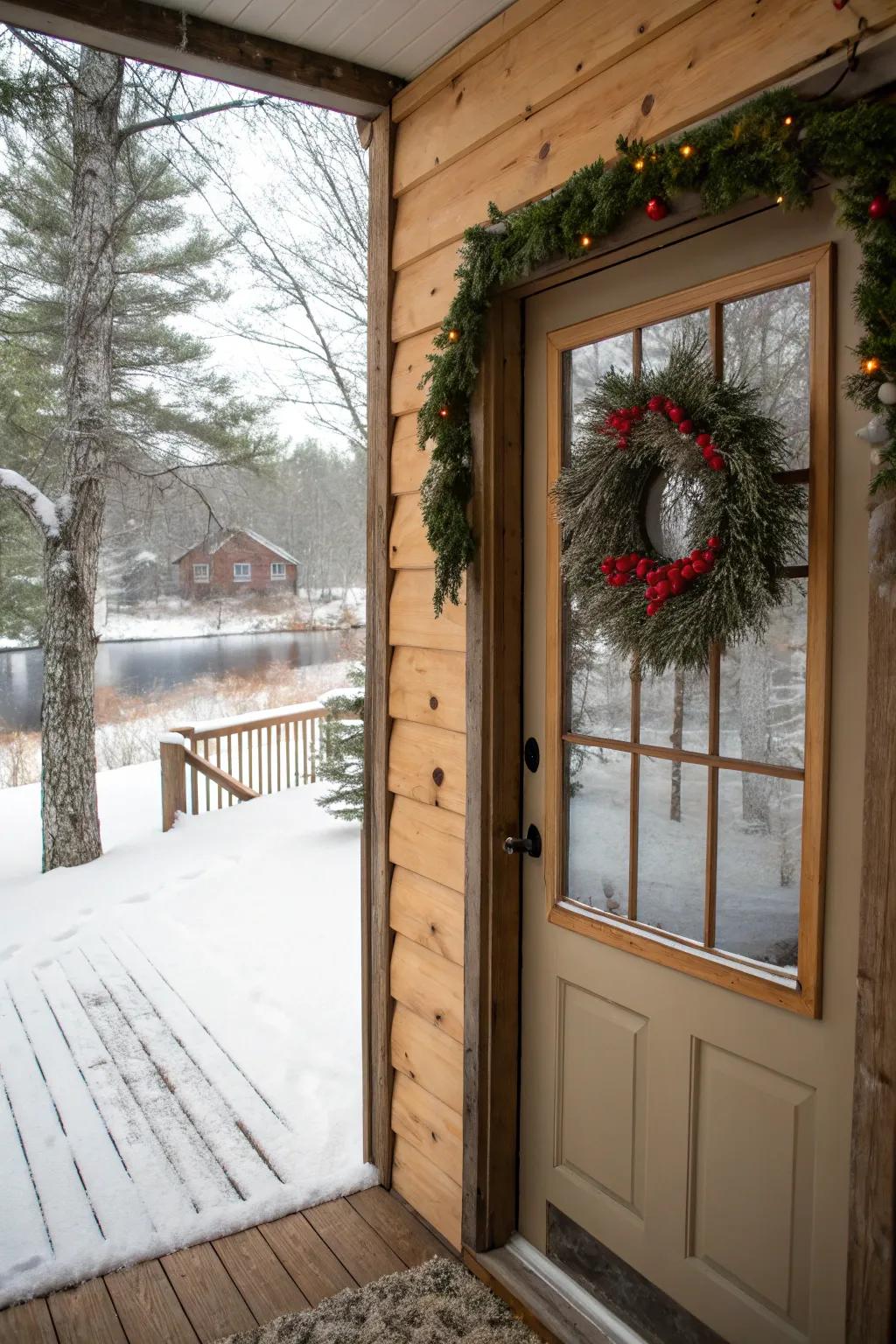 A cordial and inviting wintry shack doorway for an intimate atmosphere.