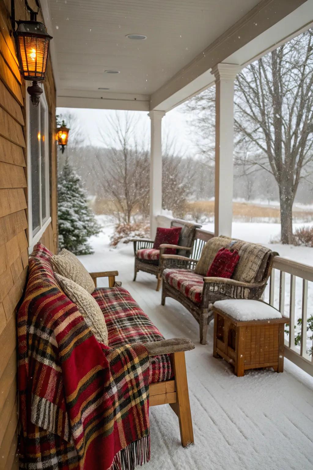 Comfortable textiles on a winter porch seating space.