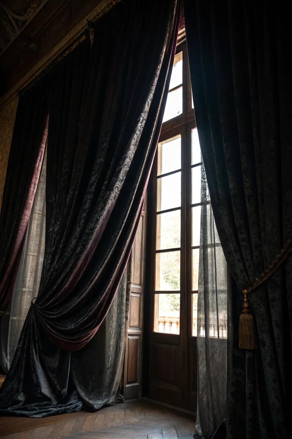 Dim drapery appends a gothic accent to the abode.