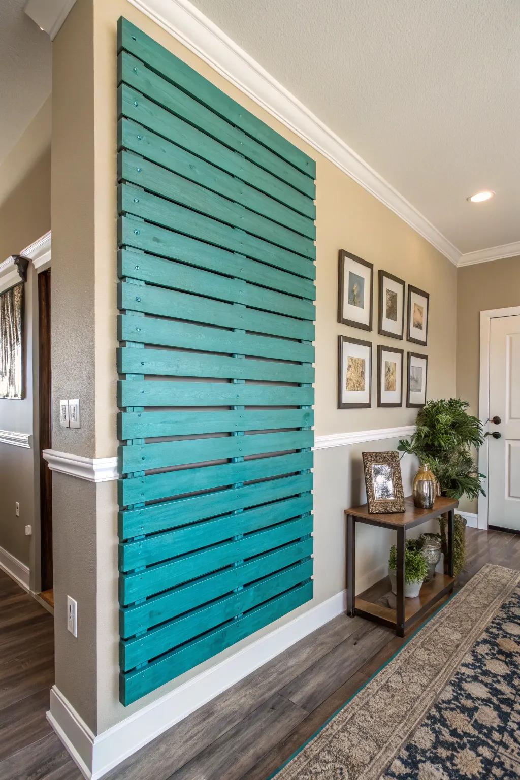 A bold-colored timber strip accent wall creating stunning contrast.