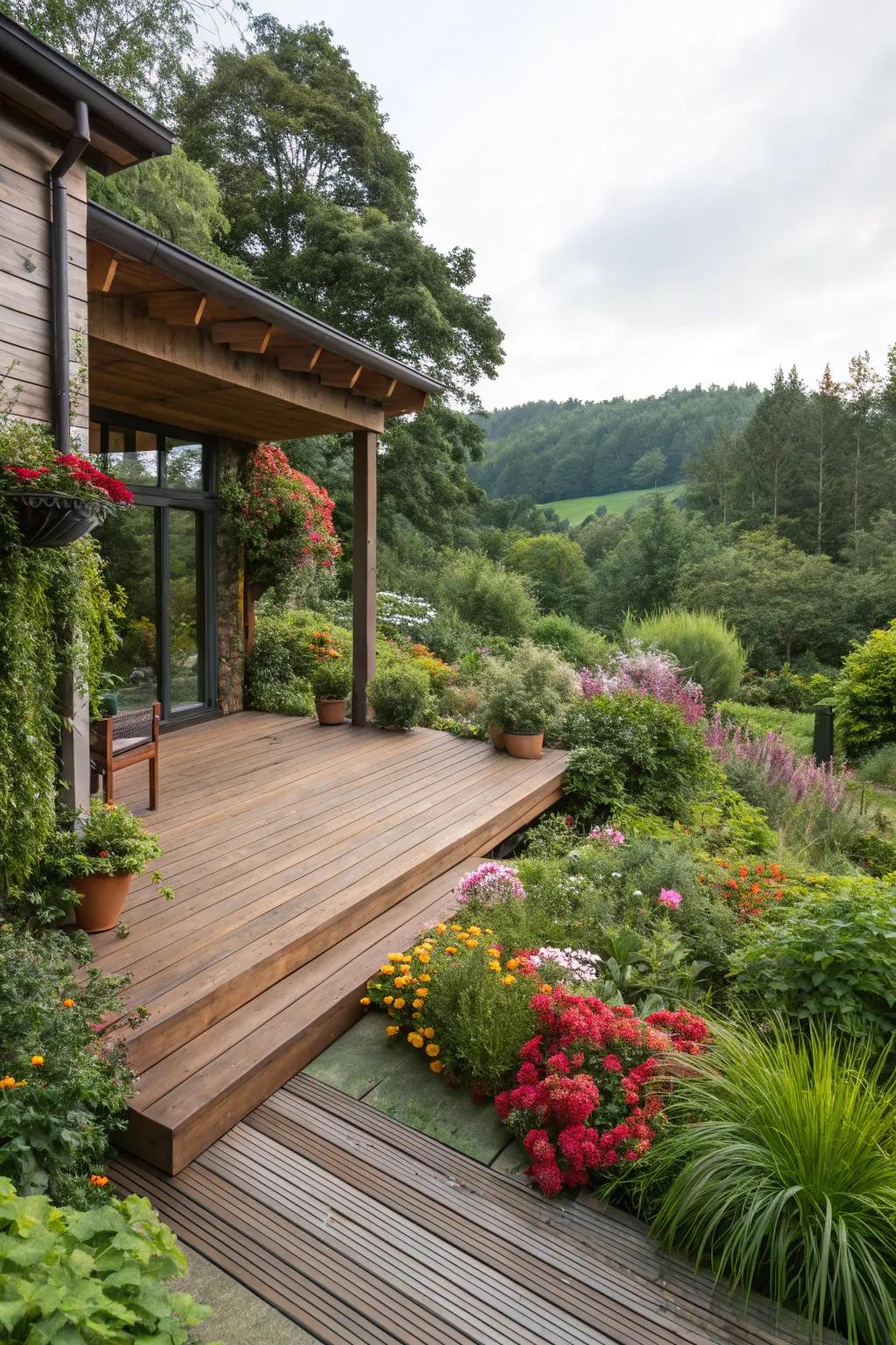 Merging your deck with a garden creates a harmonious outdoor space.